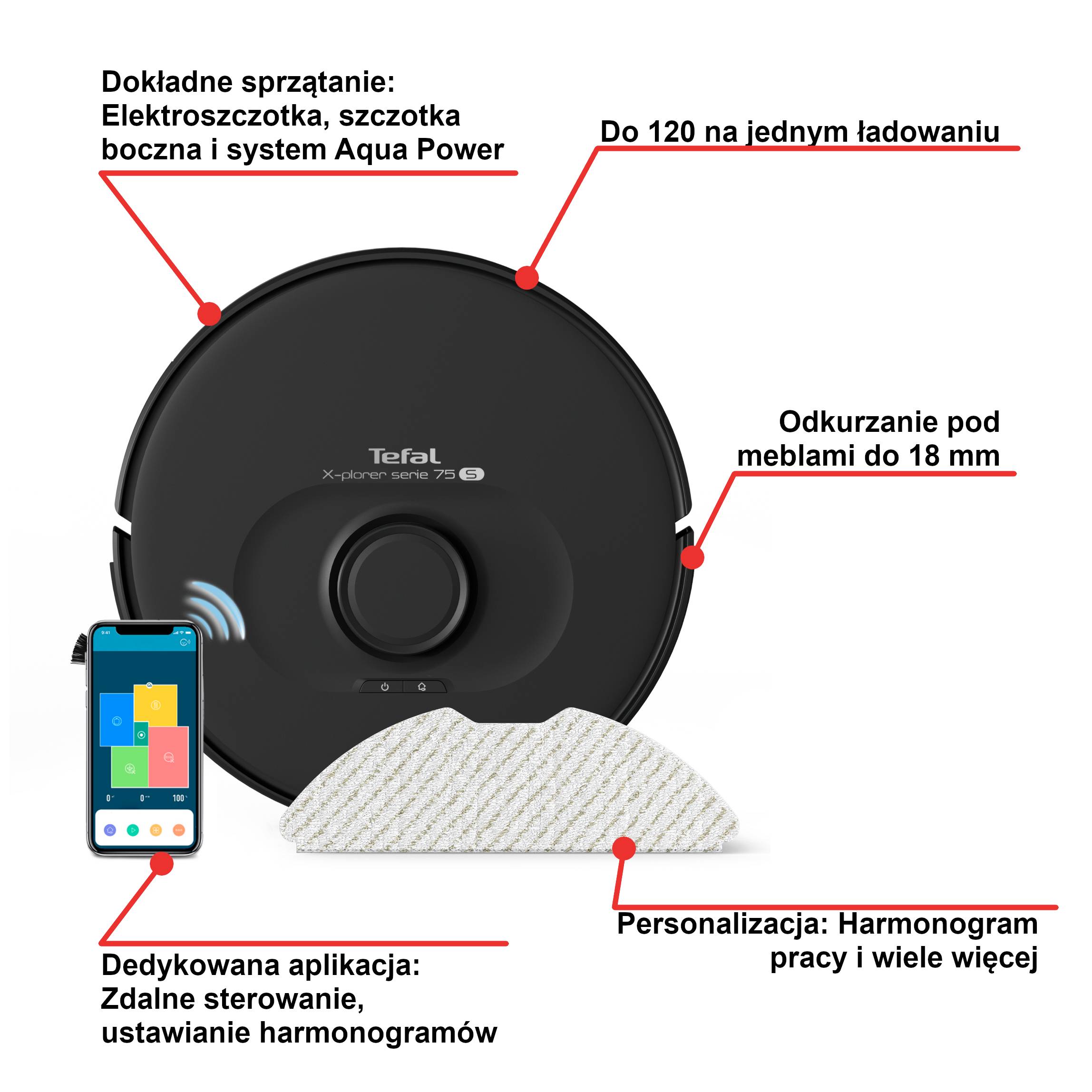 Robot sprzątający, Tefal X-Plorer S75 S, 2700 Pa, 120 min, harmonogram
