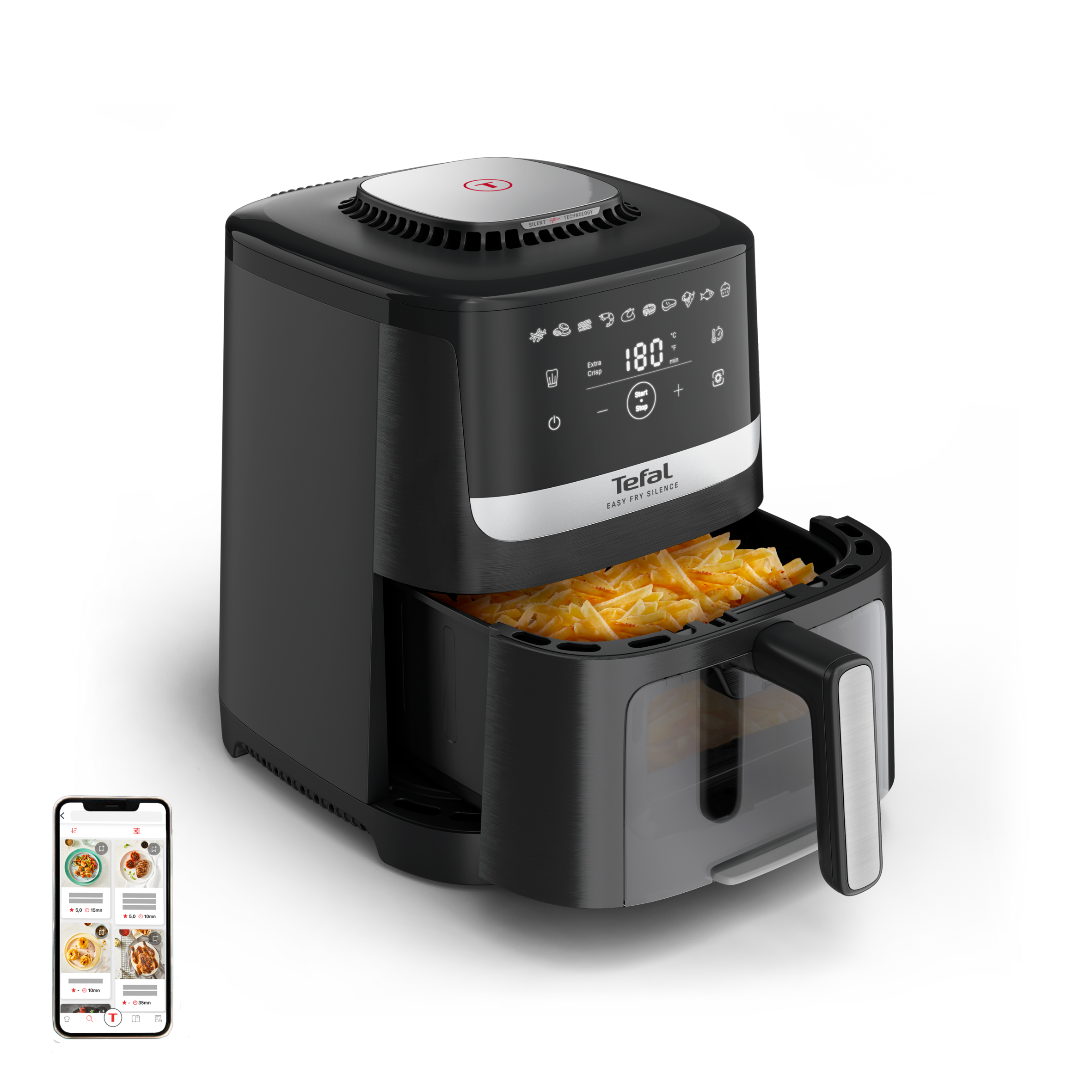 Easy Fry Silence z okienkiem podglądu, frytkownica beztłuszczowa, 5 L, technologia Silent, czarny