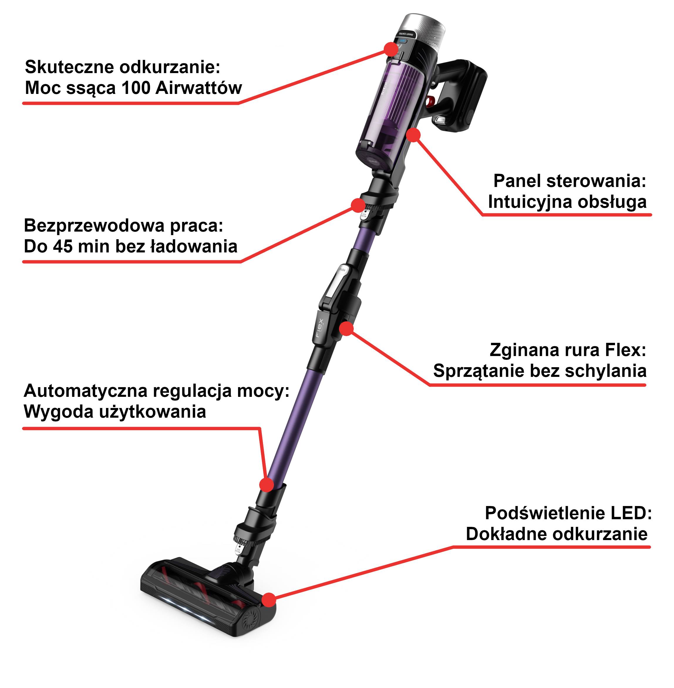 Odkurzacz bezprzewodowy, Tefal X-Force Flex 9.60, 100 AW, 45 min, lekki