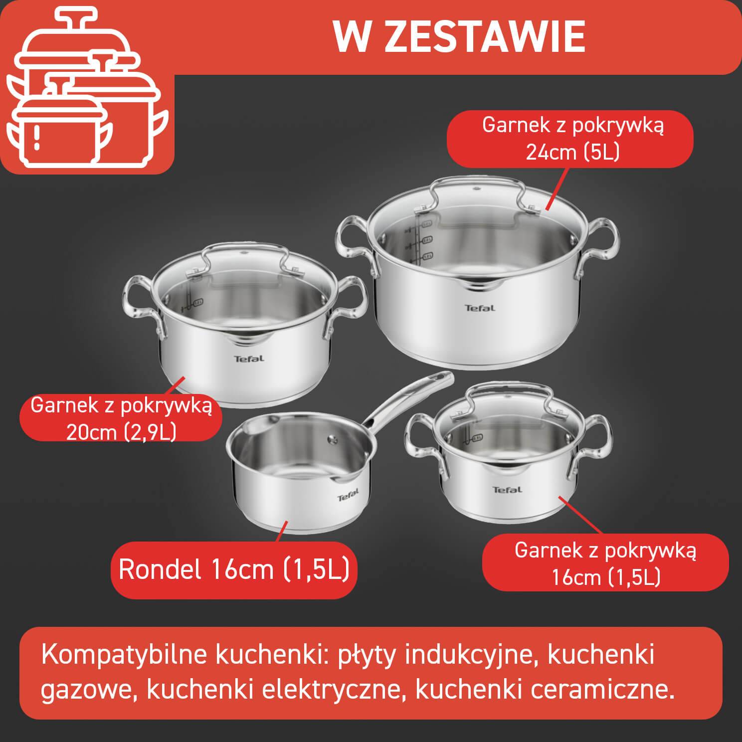 Zestaw garnków, Tefal Duetto+, 7 elementów, stal nierdzewna, pokrywki