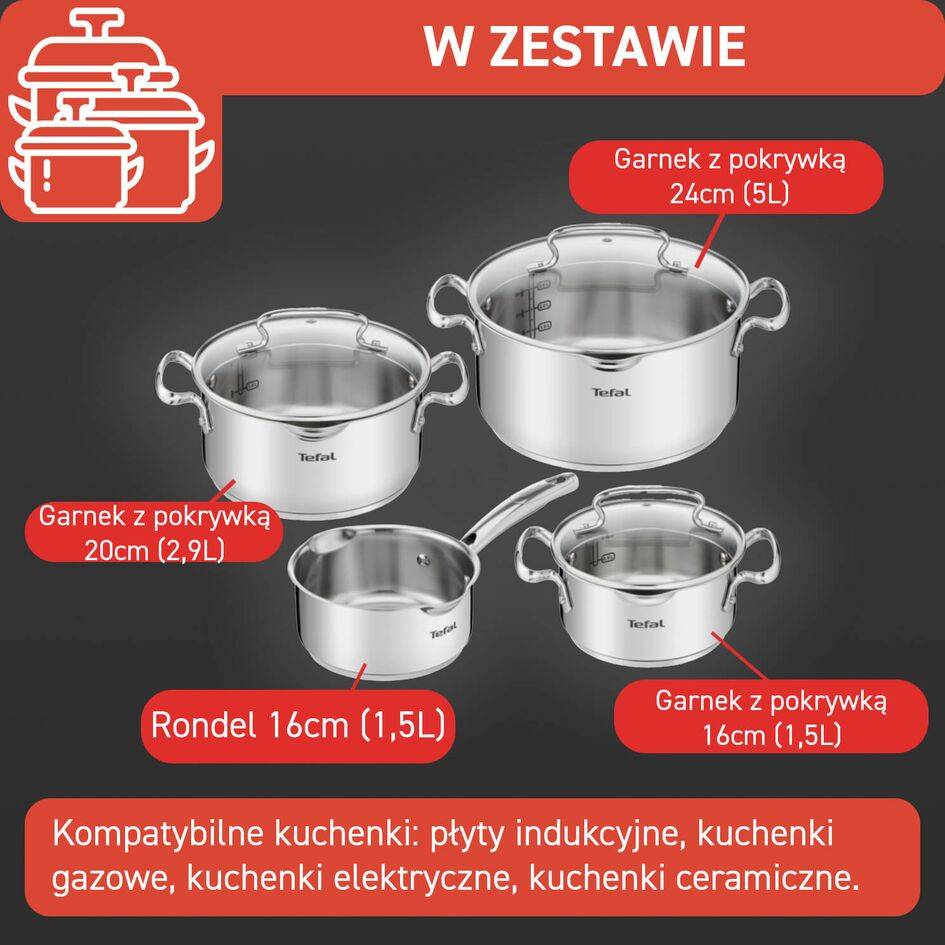 Zestaw garnków, Tefal Duetto+, 7 elementów, stal nierdzewna, pokrywki