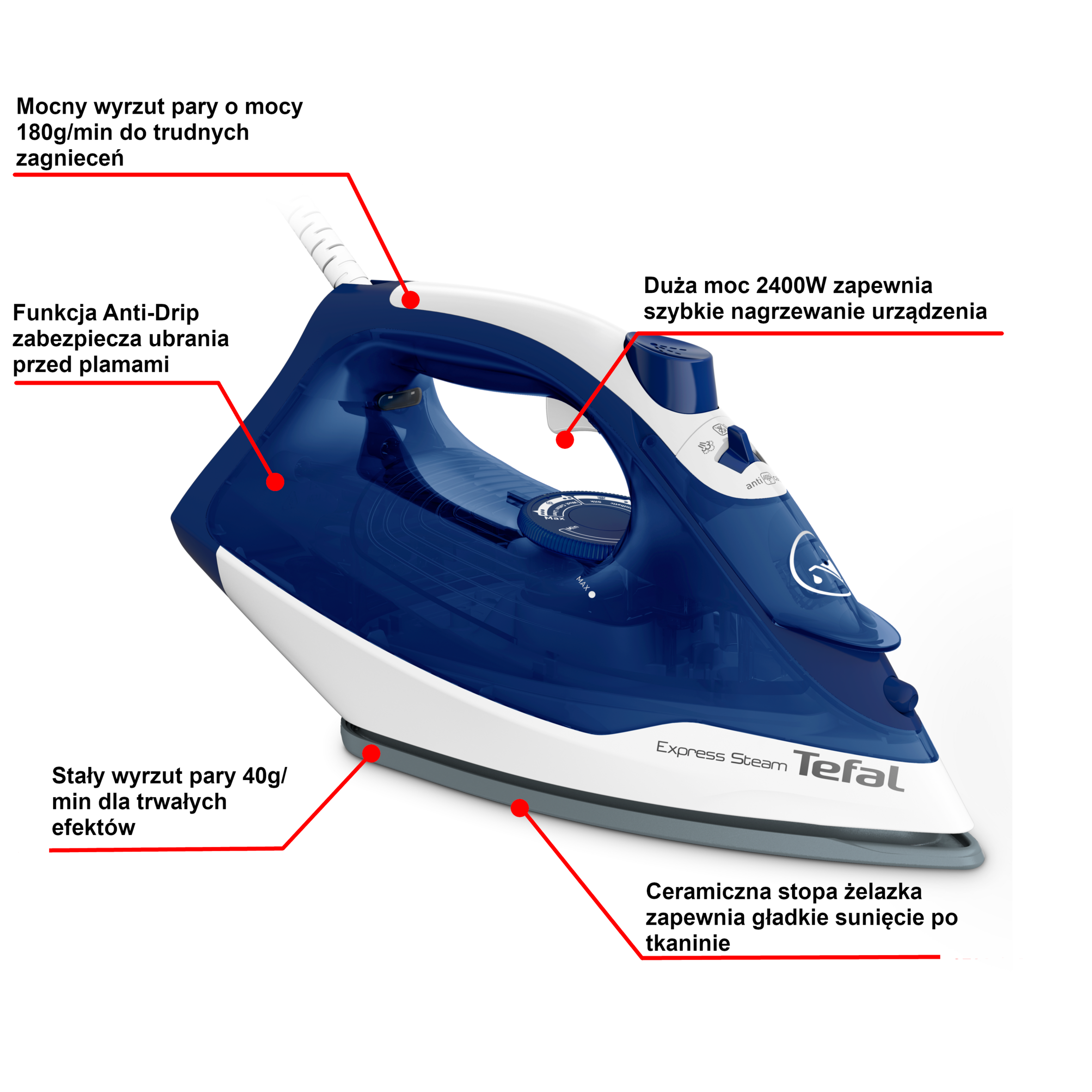 Tefal Express Steam, żelazko parowe, 2400 W, blokada kapania, duża pojemność