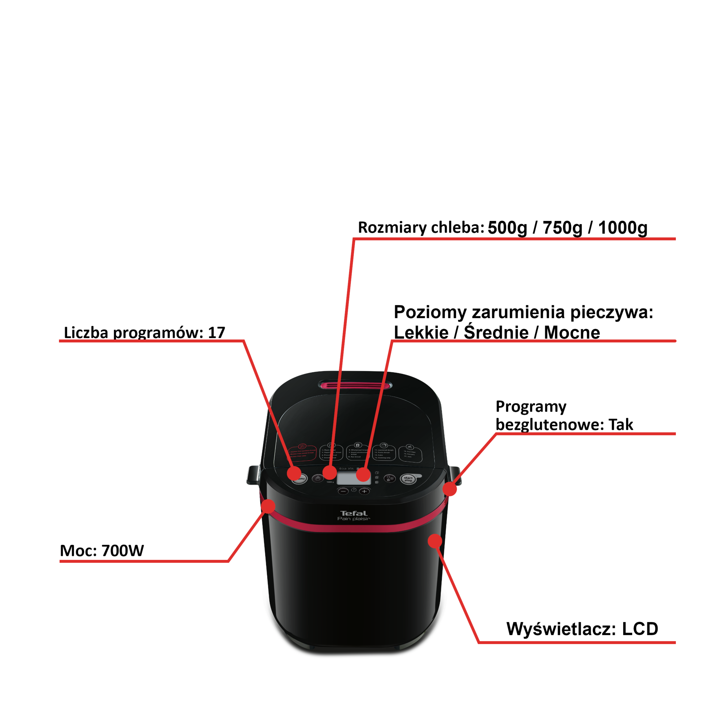 Wypiekacz do chleba, Pain&Plaisir PF2208, 17 programów, 700W, 1kg