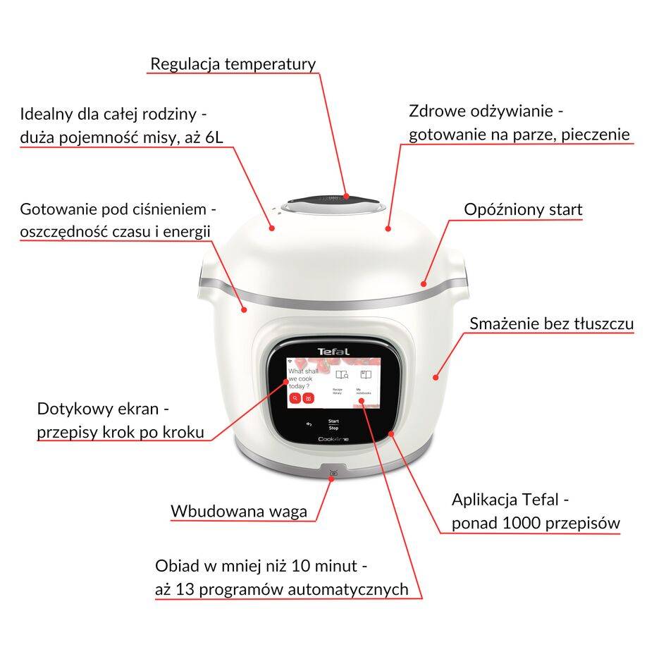 Multicooker TEFAL Cook4me Touch Pro z pokrywą Extra Crisp. Wbudowana waga