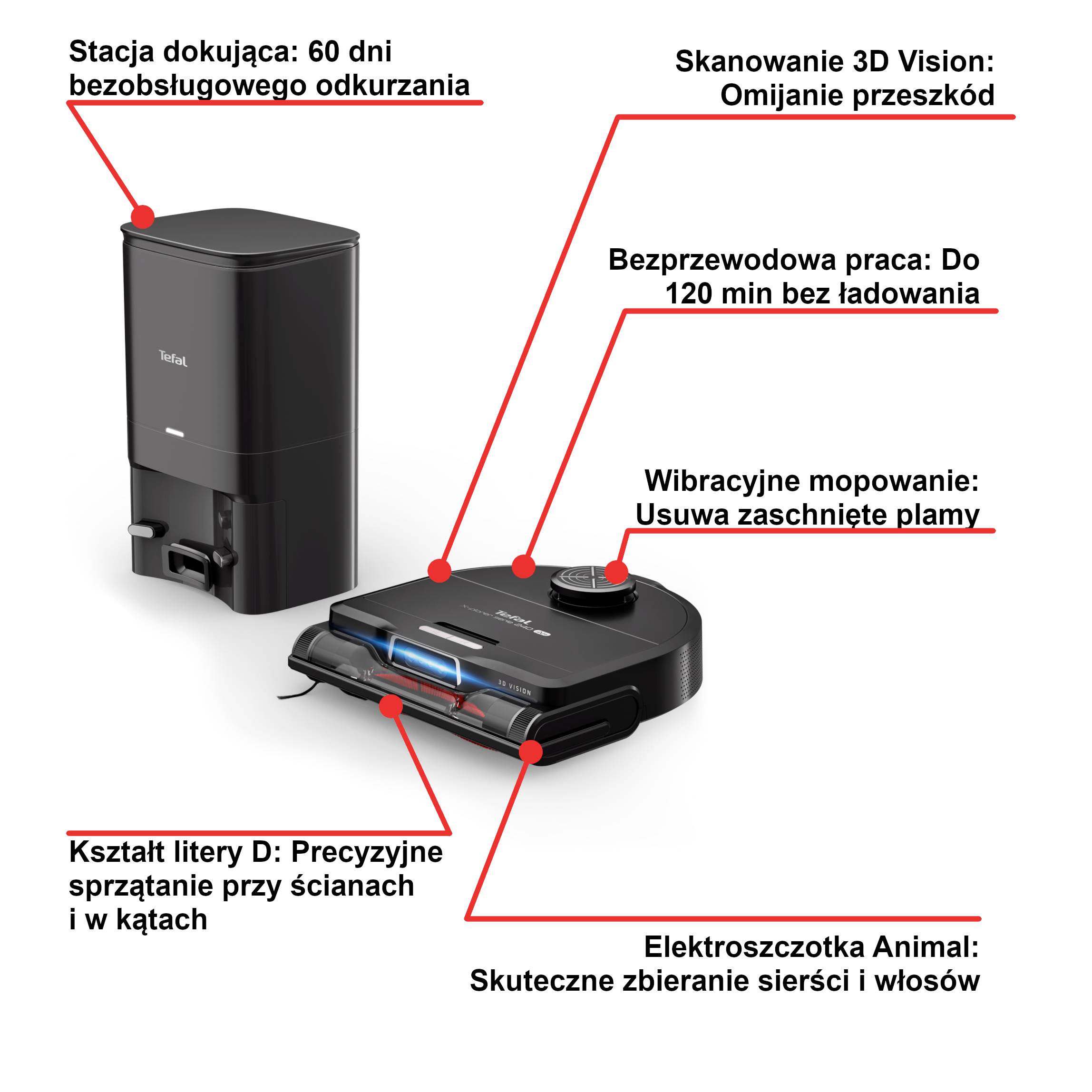 Robot sprzątający, Tefal X-Plorer S240+ AI, 8000 Pa, 120 min, aktywne mopowanie