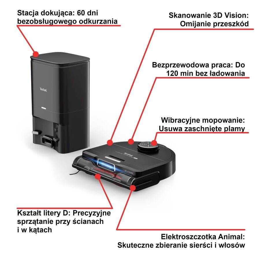 Robot sprzątający, Tefal X-Plorer S240+ AI, 8000 Pa, 120 min, aktywne mopowanie