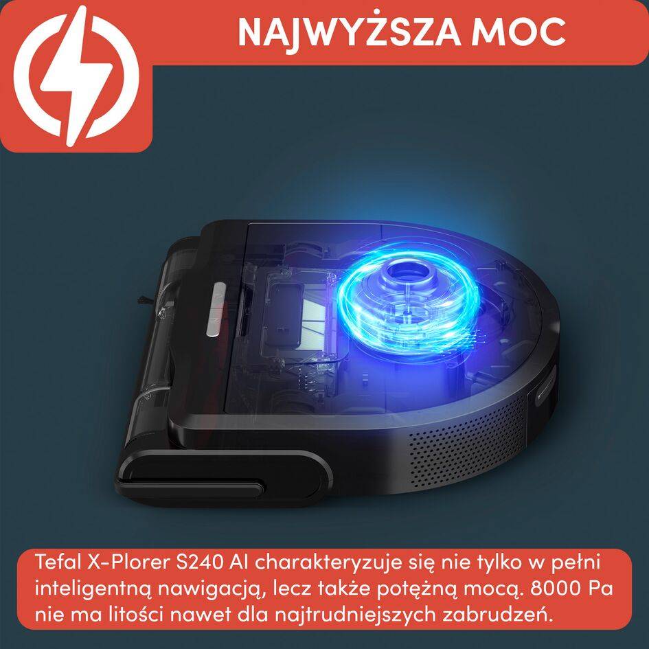 Robot sprzątający, Tefal X-Plorer S240+ AI, 8000 Pa, 120 min, aktywne mopowanie