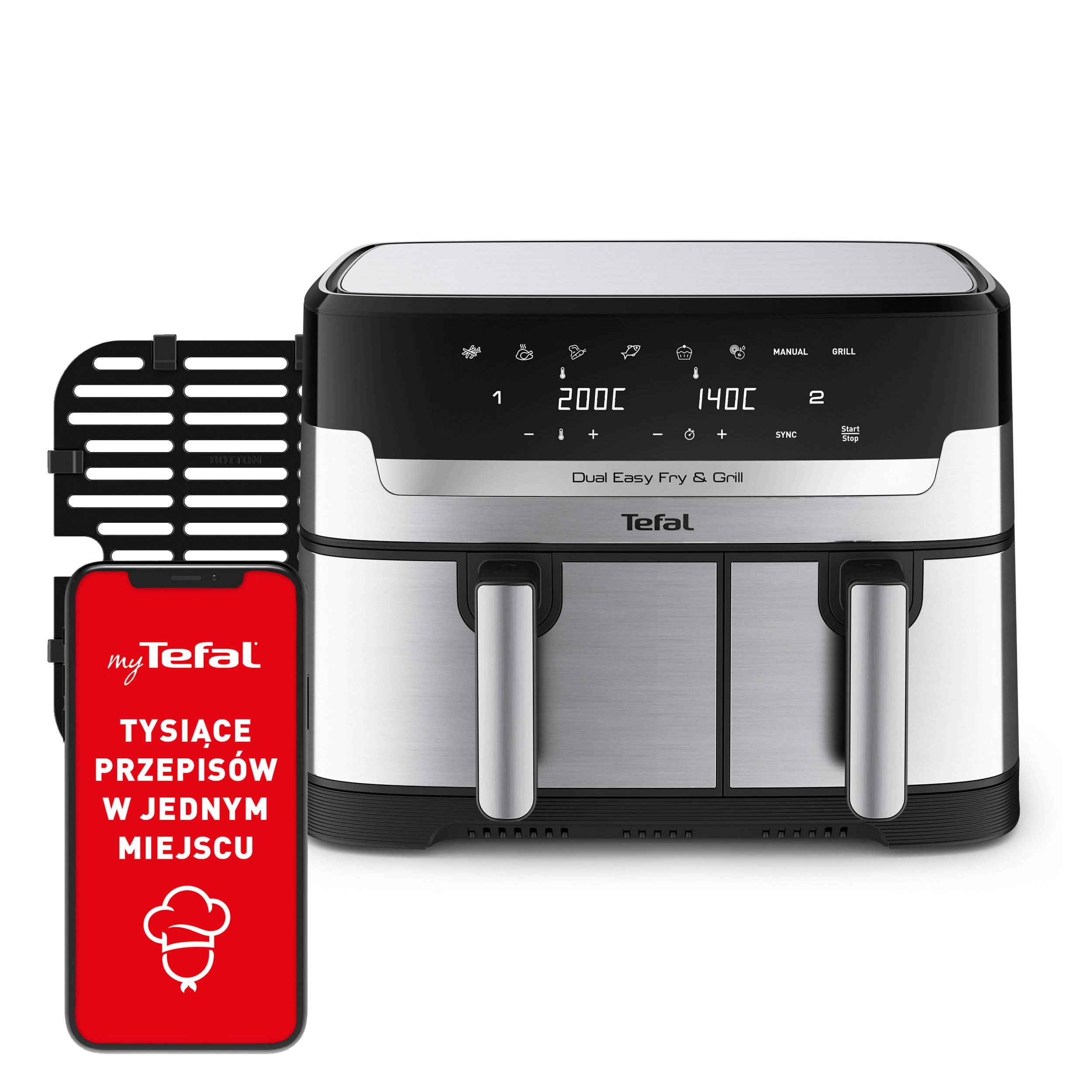 Frytkownica beztłuszczowa, Tefal Dual Easy Fry&Grill EY905D, dwukomorowa, duża, grill