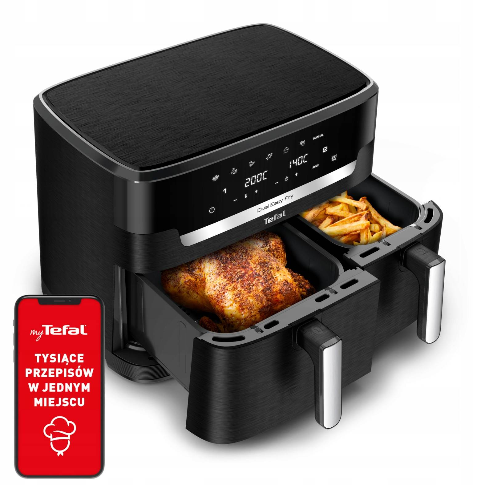 Frytkownica beztłuszczowa, Tefal Dual Easy EY9428E, dwukomorowa, duża, 11l