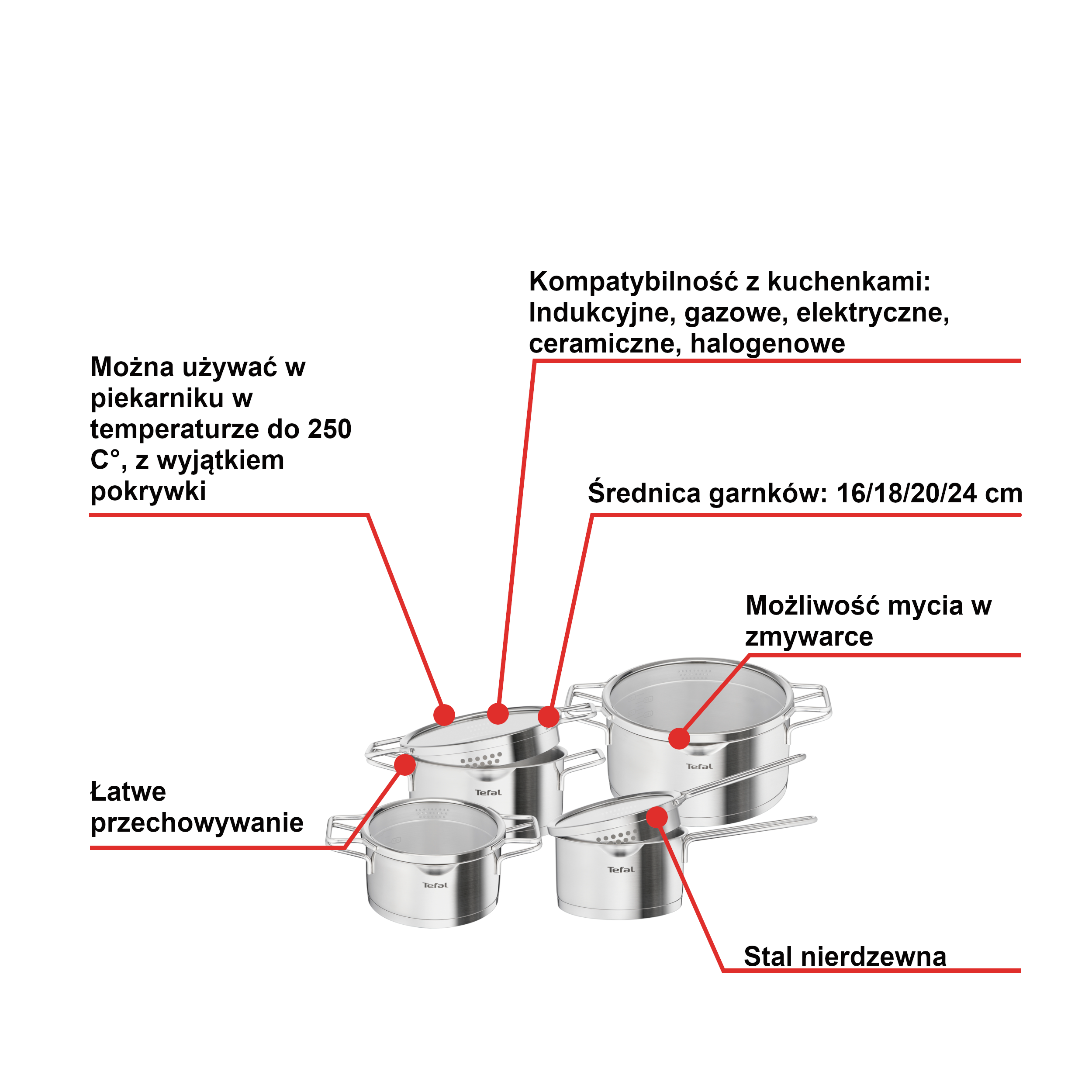 Zestaw garnków, Tefal Nordica, 8 elementów, stal nierdzewna, pokrywki