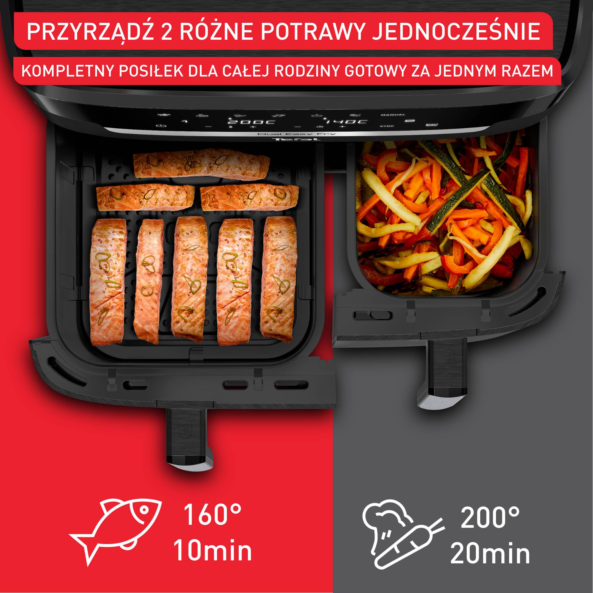 Frytkownica beztłuszczowa, Tefal Dual Easy EY9428E, dwukomorowa, duża, 11l