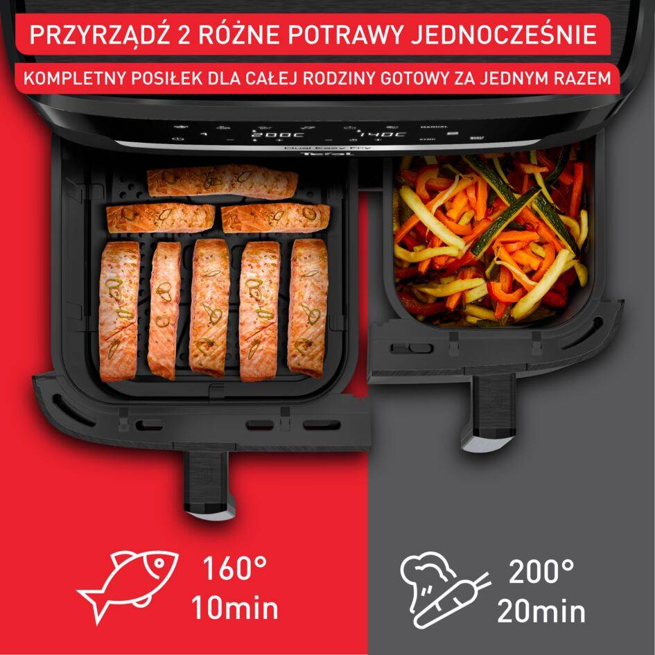 Frytkownica beztłuszczowa, Tefal Dual Easy EY9428E, dwukomorowa, duża, 11l