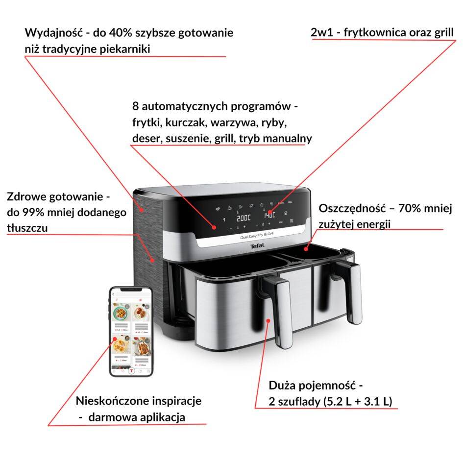 Frytkownica beztłuszczowa, Tefal Dual Easy Fry&Grill EY905D, dwukomorowa, duża, grill
