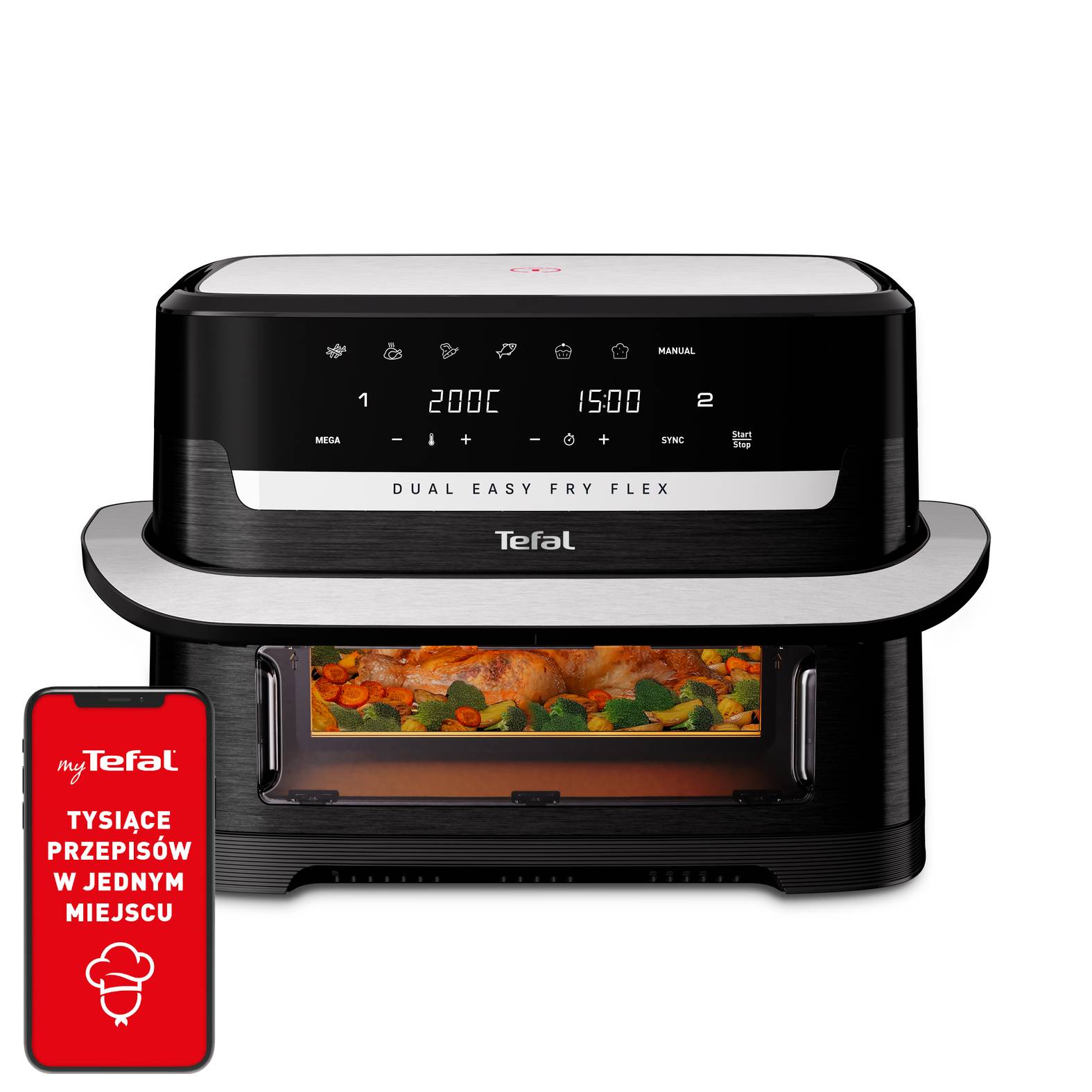 Frytkownica beztłuszczowa Tefal Dual Easy Fry Flex EY9228E0, separator FlexCook Divider, pojemność 9 L