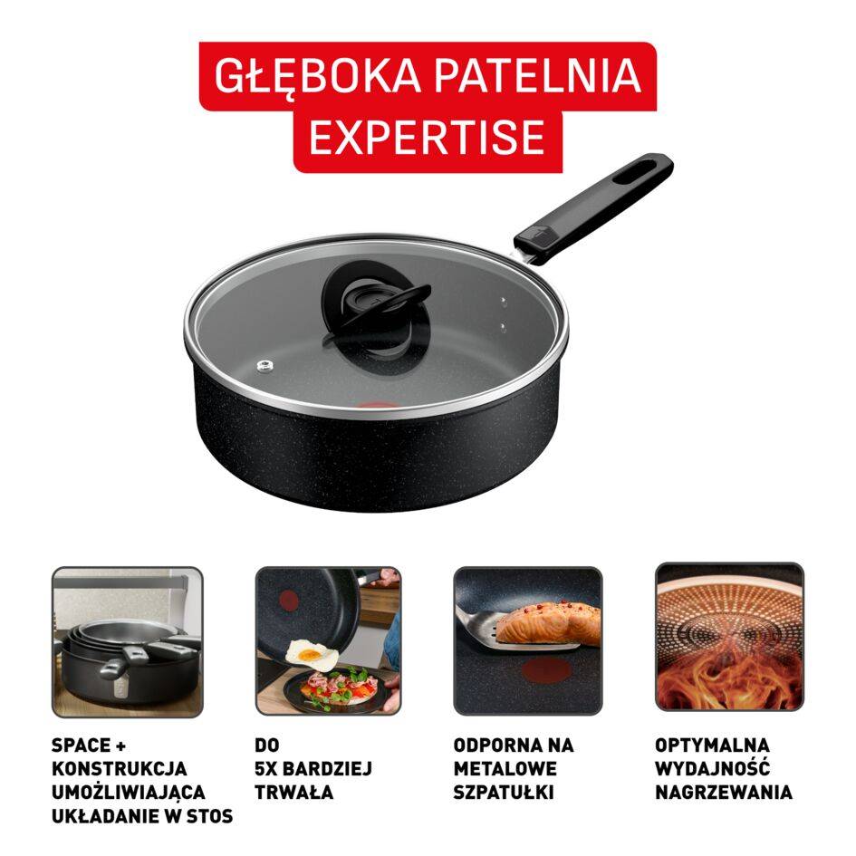 Głęboka patelnia Expertise 24 cm + pokrywka, konstrukcja z możliwością układania jedno w drugie, powłoka nieprzywierająca, kompatybilna z kuchenkami indukcyjnymi, dla 4–5 osób