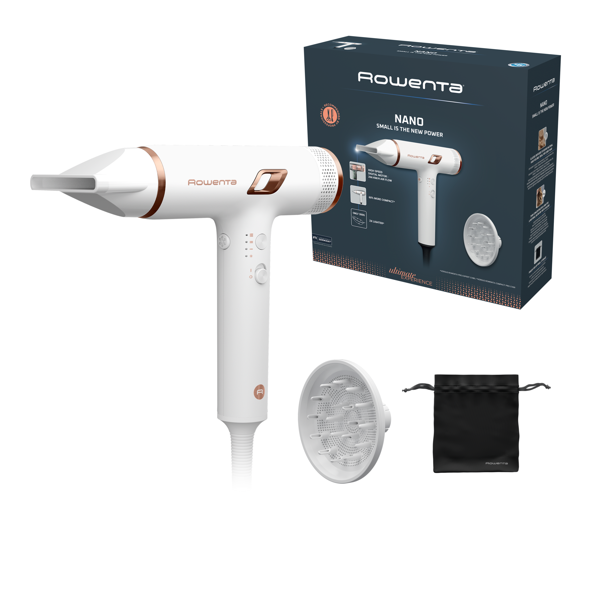 Suszarka do włosów, Rowenta Nano, jonizacja, kompaktowa, 3 poziomy