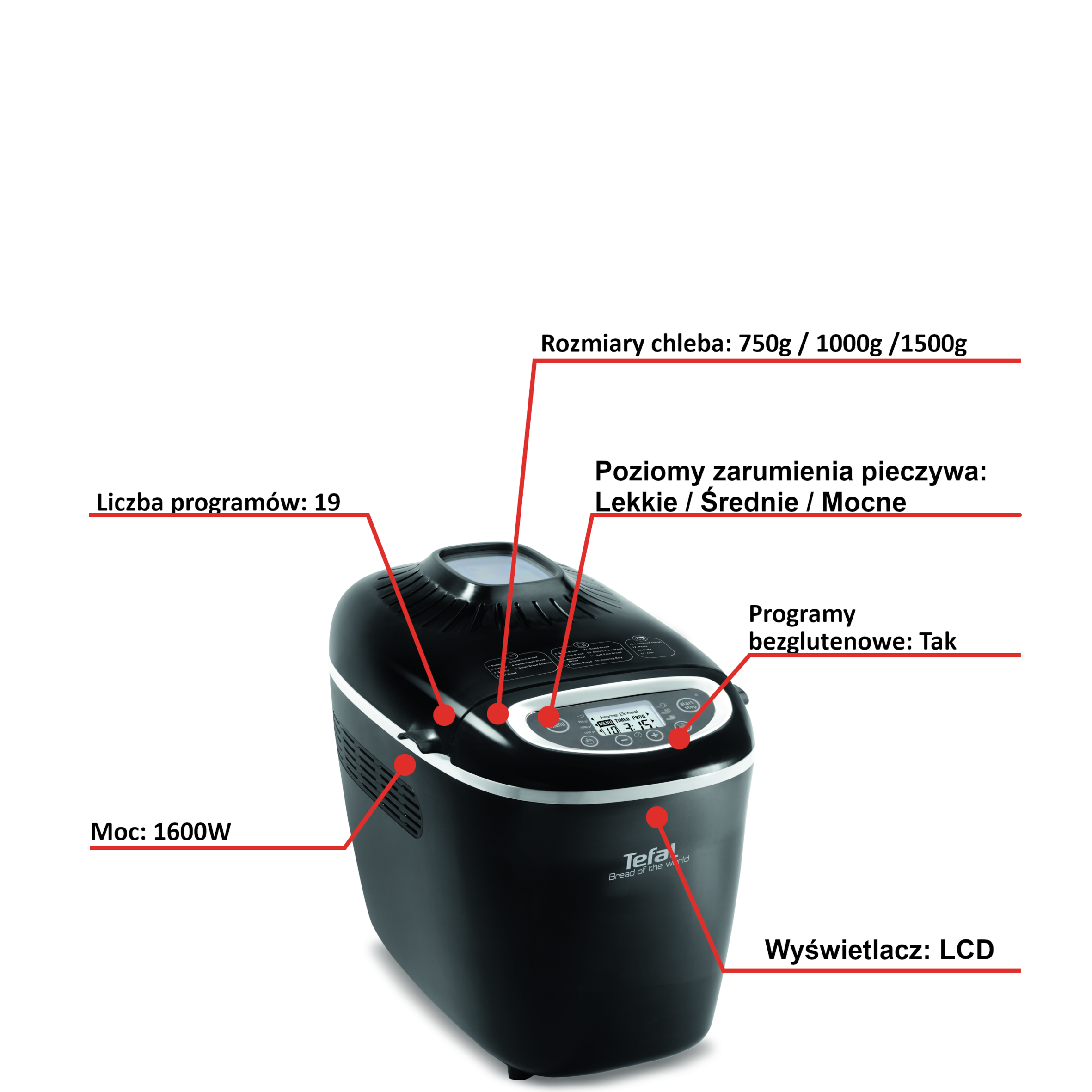 Wypiekacz do chleba, Bread of the world PF6118, 19 programów, 1600W, 1,5kg