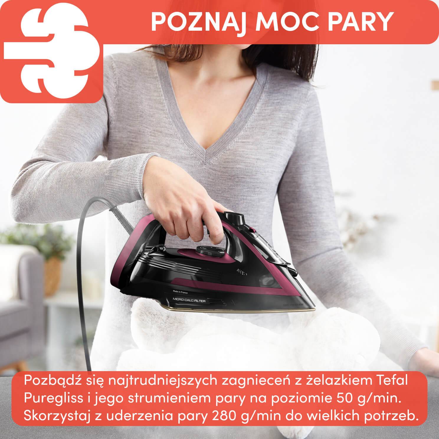 Żelazko parowe, Tefal Puregliss, 3000 W, system antywapienny, strażak