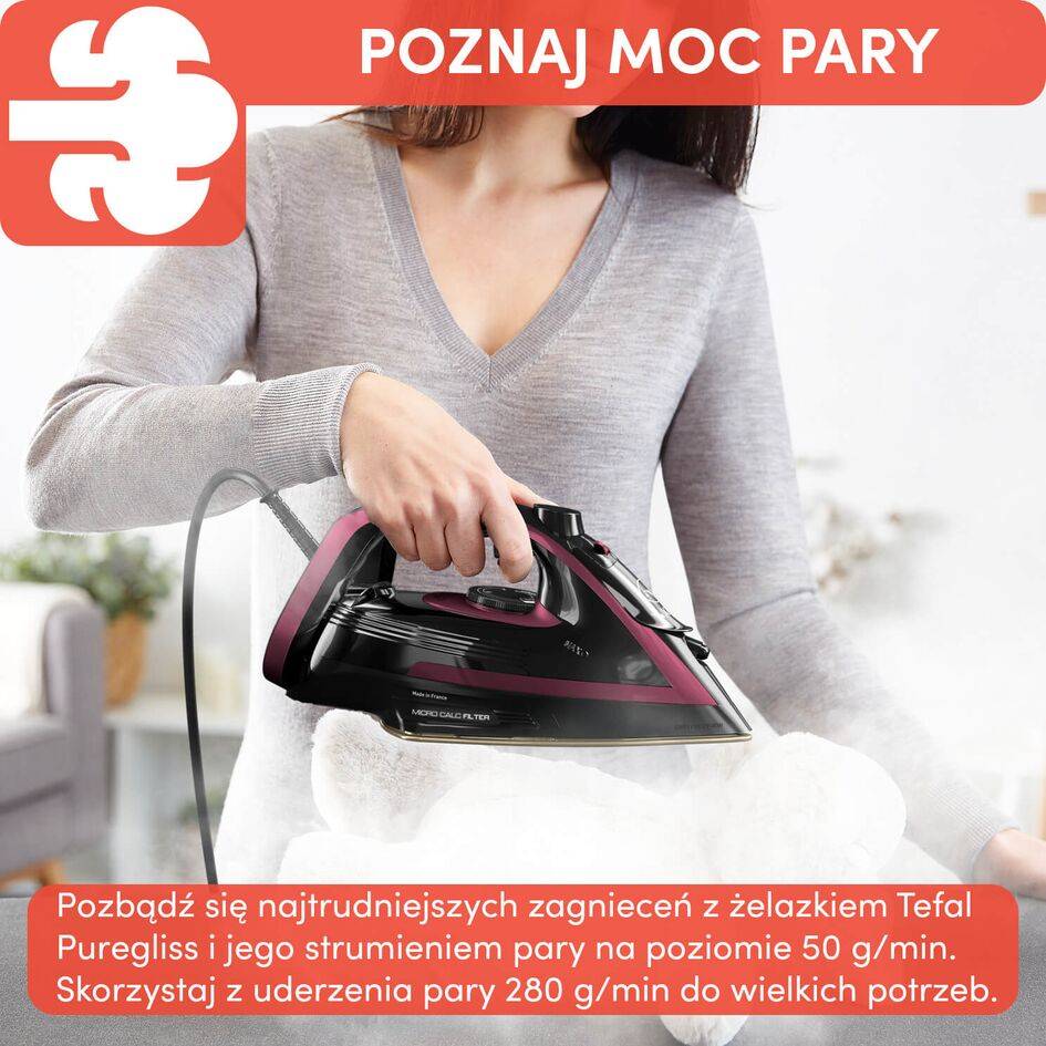 Żelazko parowe, Tefal Puregliss, 3000 W, system antywapienny, strażak