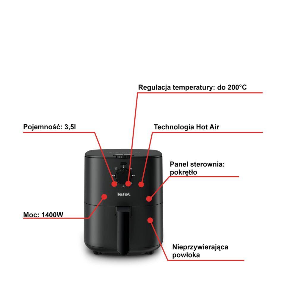 Frytkownica beztłuszczowa, Tefal Easy Fry Essential EY1308, pojemność 3,5 l, kompaktowa