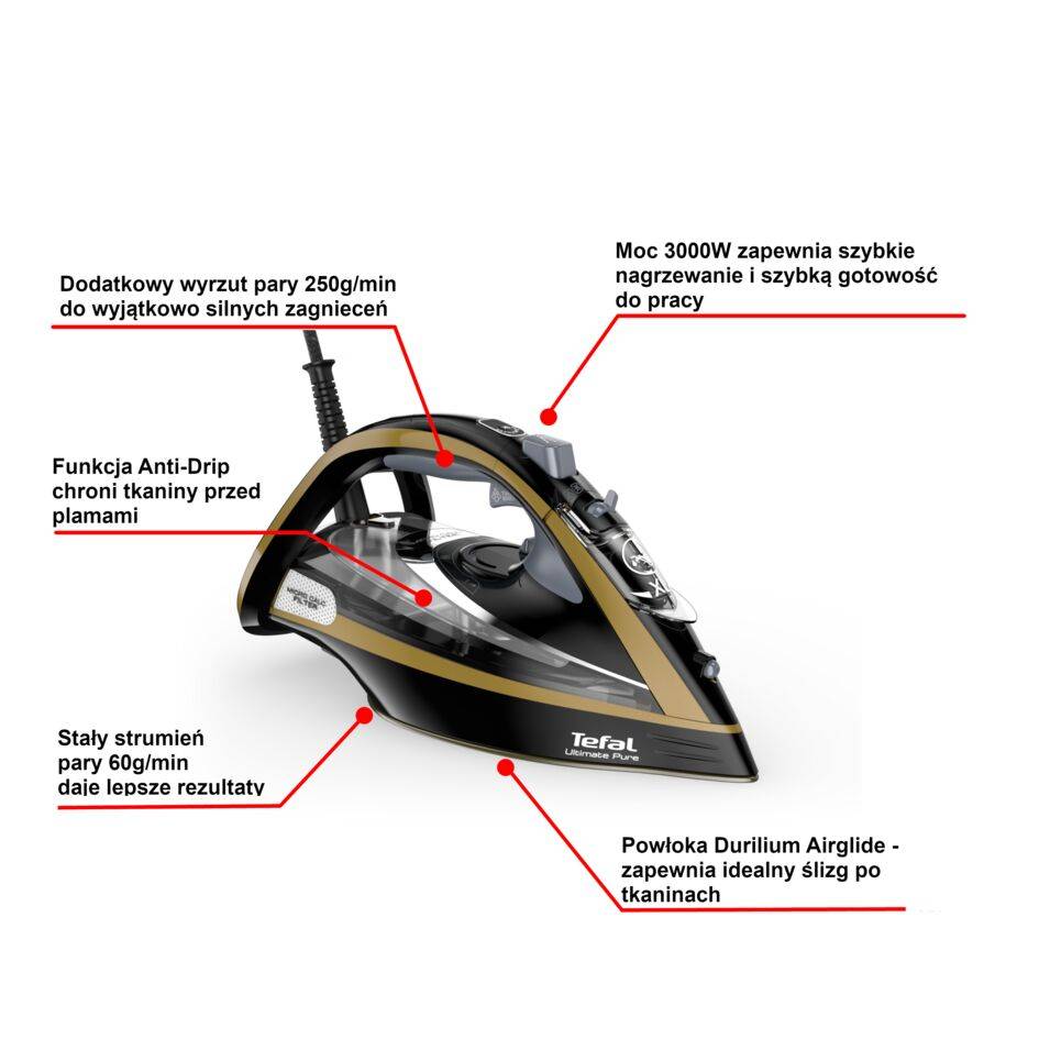 Tefal Ultimate Pure, żelazko parowe, mocne, automatyczne wyłączanie, ochrona ubrań
