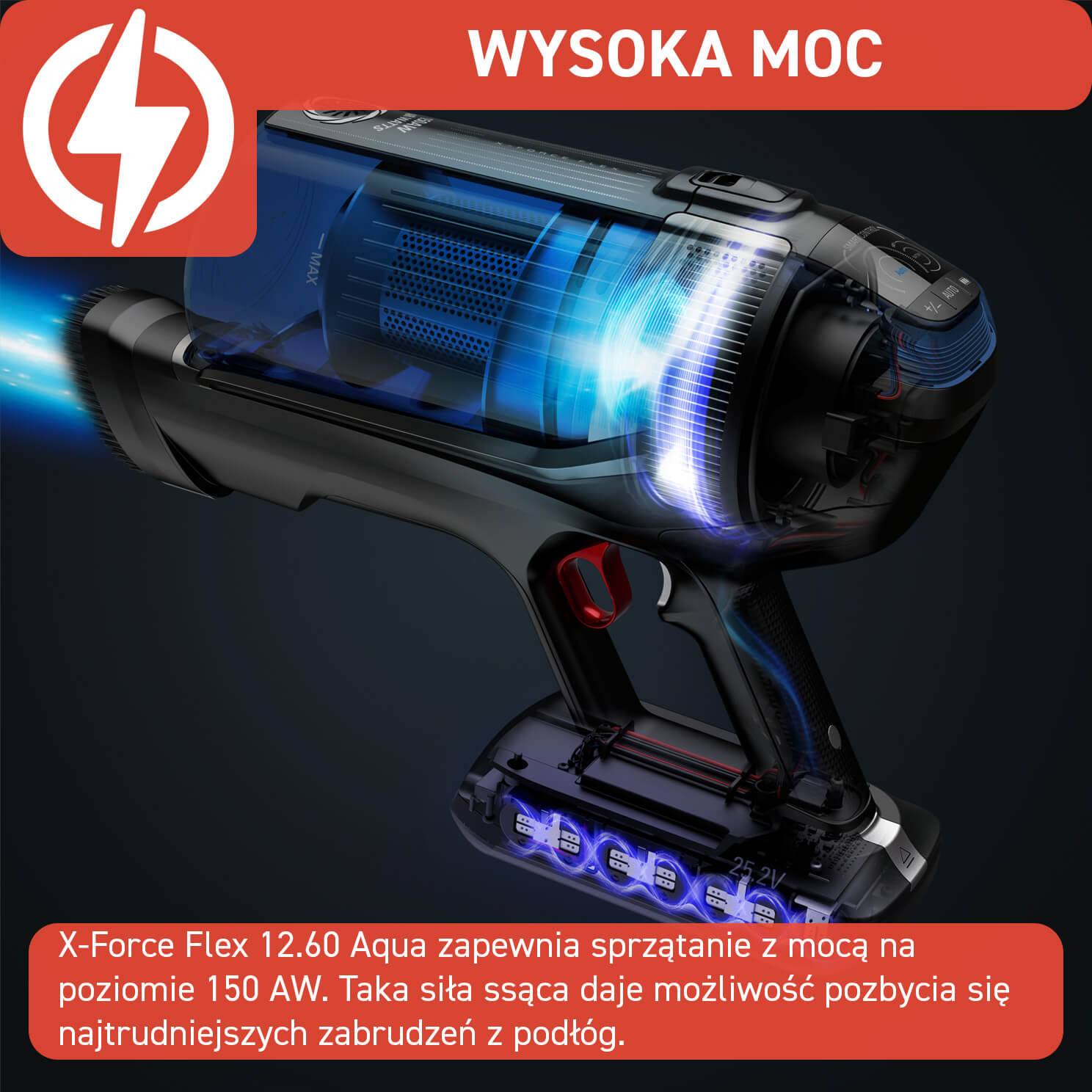 Odkurzacz bezprzewodowy, Tefal X-Force Flex 12.60 Aqua, 150 AW, 45 min, mopowanie