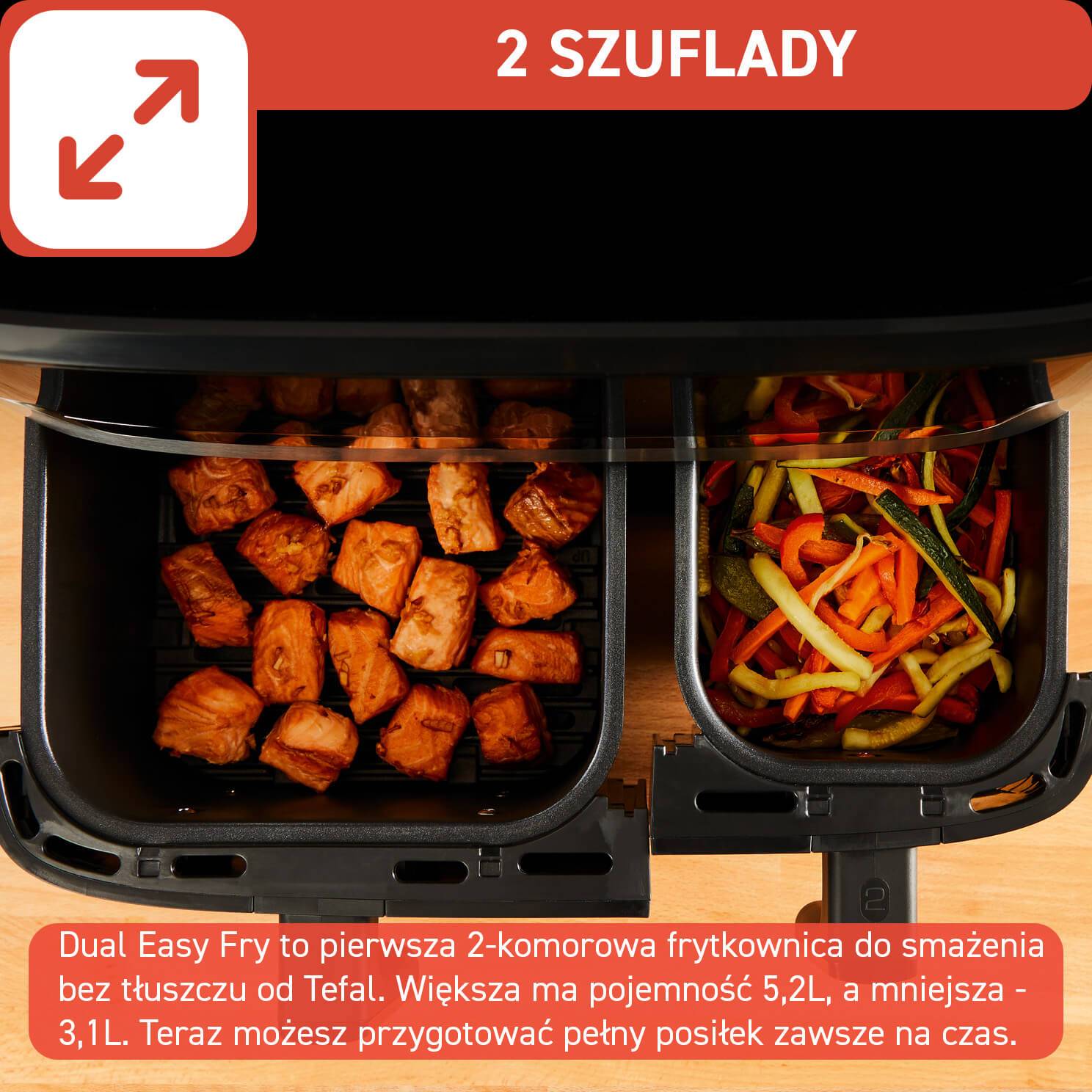 Frytkownica beztłuszczowa, Tefal Dual Easy Fry&Grill EY905D, dwukomorowa, duża, grill