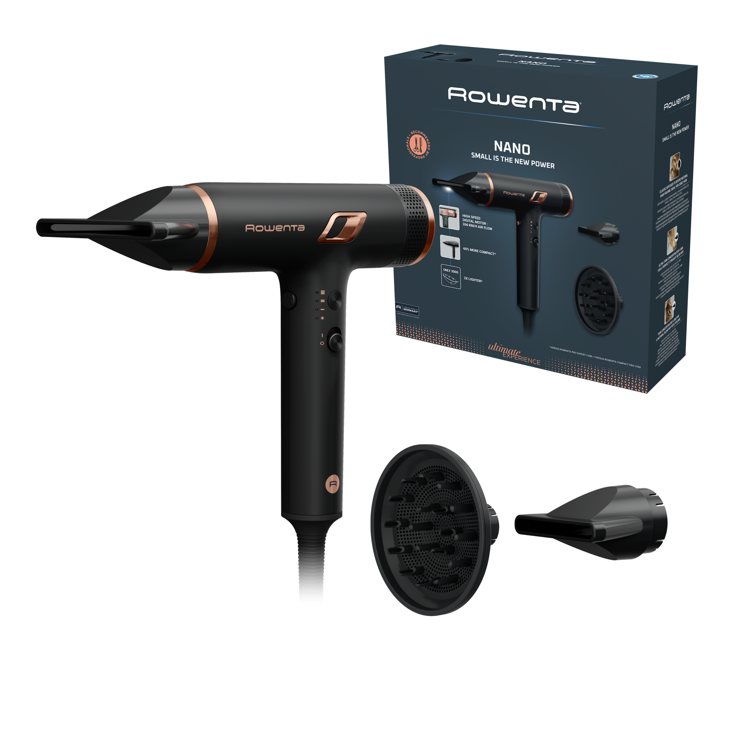 Suszarka do włosów, Rowenta Nano, kompaktowa, jonizacja, 3 poziomy