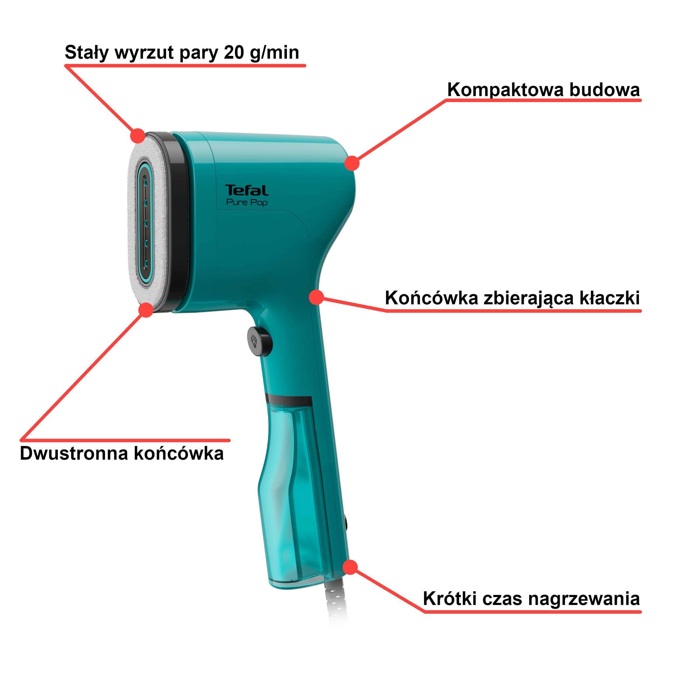 Parownica do ubrań, Tefal Pure Pop, kompaktowa, 1300 W, turkusowa