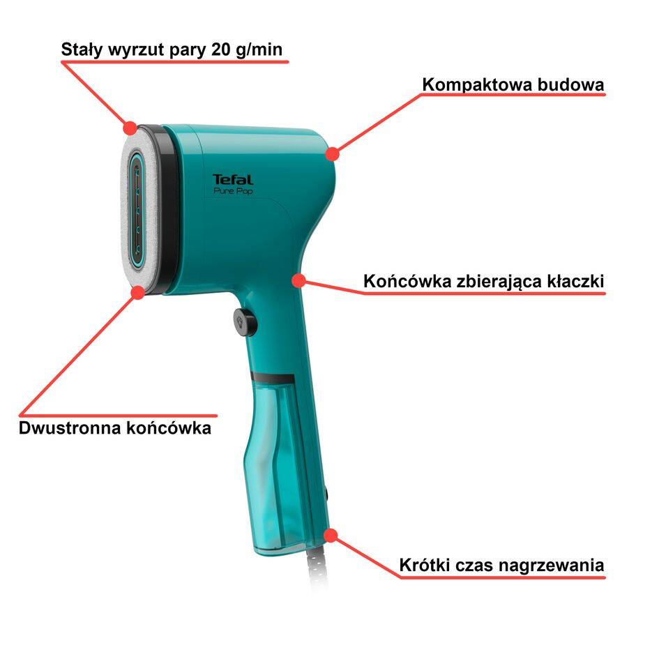 Parownica do ubrań, Tefal Pure Pop, kompaktowa, 1300 W, turkusowa