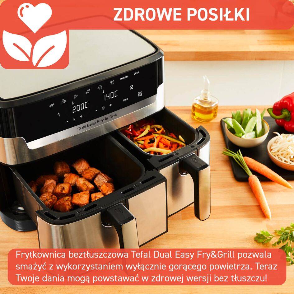 Frytkownica beztłuszczowa, Tefal Dual Easy Fry&Grill EY905D, dwukomorowa, duża, grill