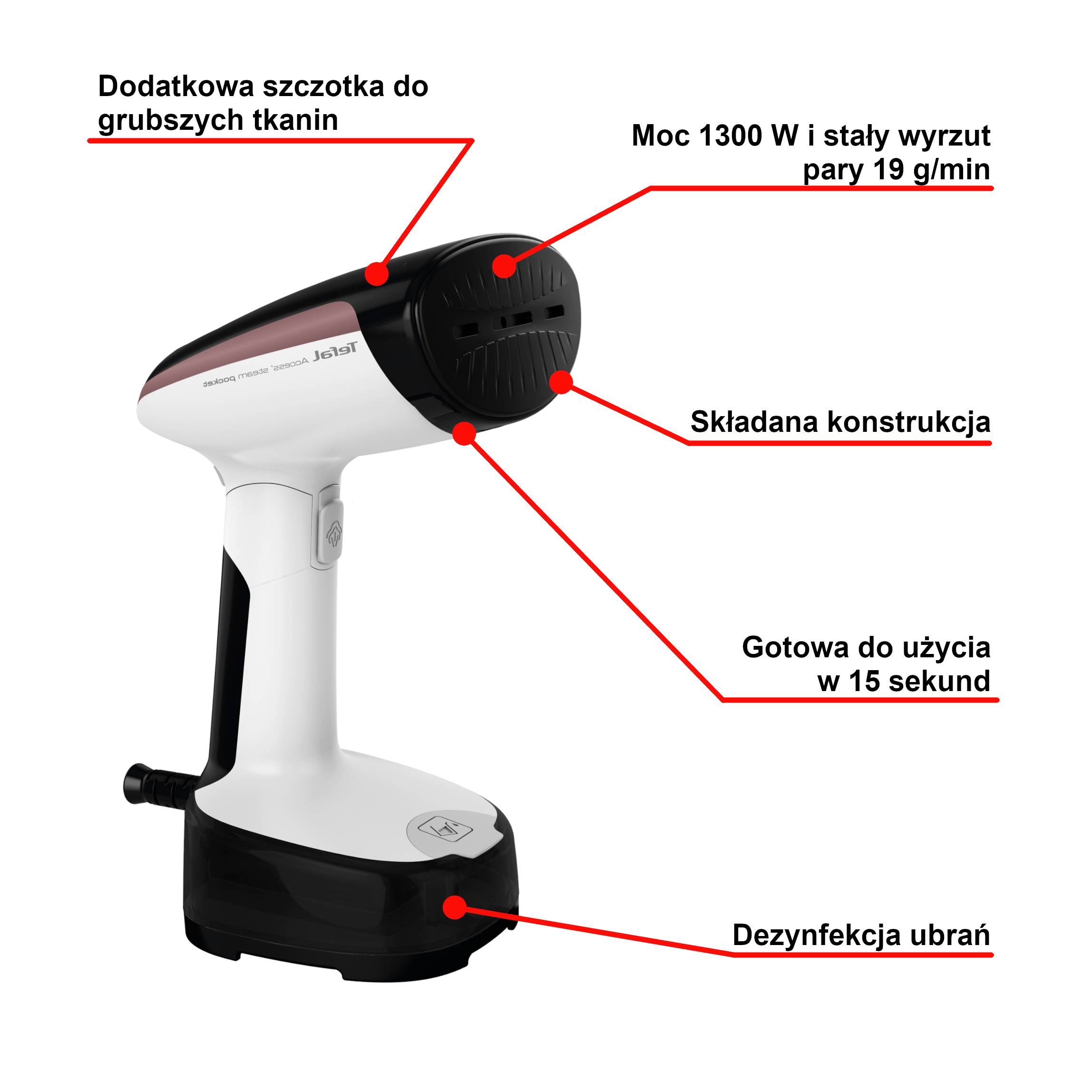 Parownica do ubrań, Tefal Access Steam Pocket, 1300 W, kompaktowa  