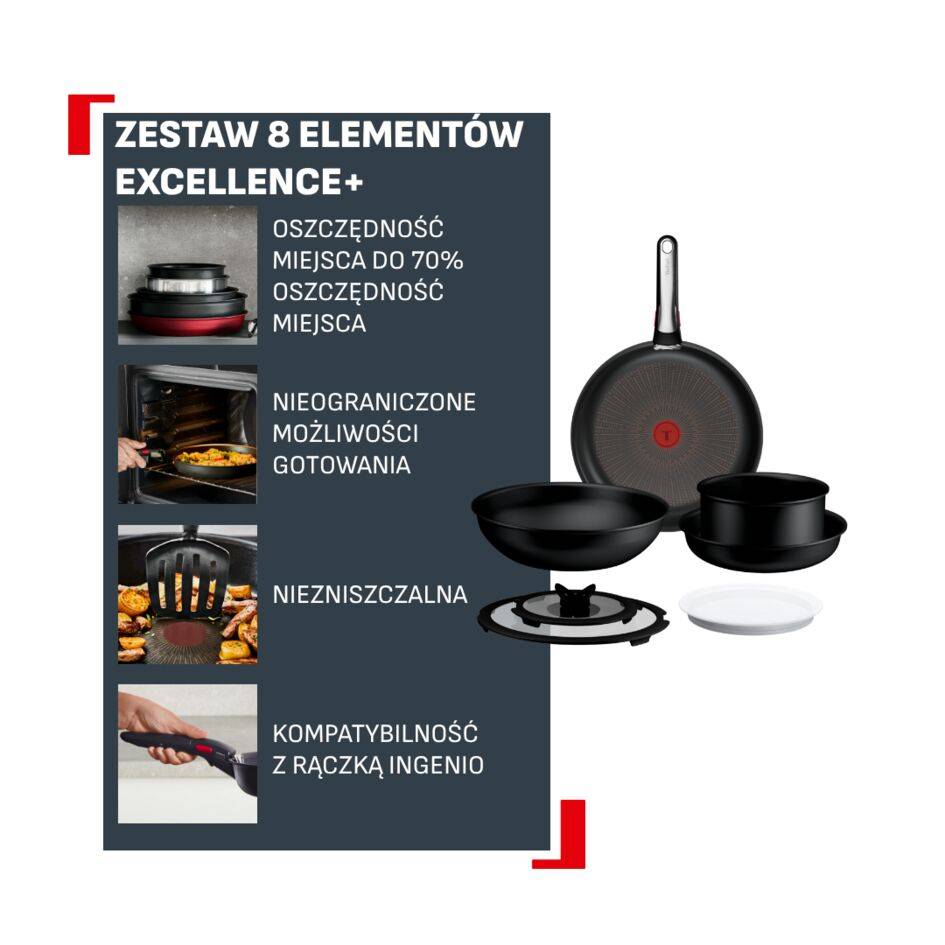 Zestaw naczyń Ingenio Excellence+ 8 elementów, możliwość układania w stos, powłoka nieprzywierająca, kompatybilne z indukcją