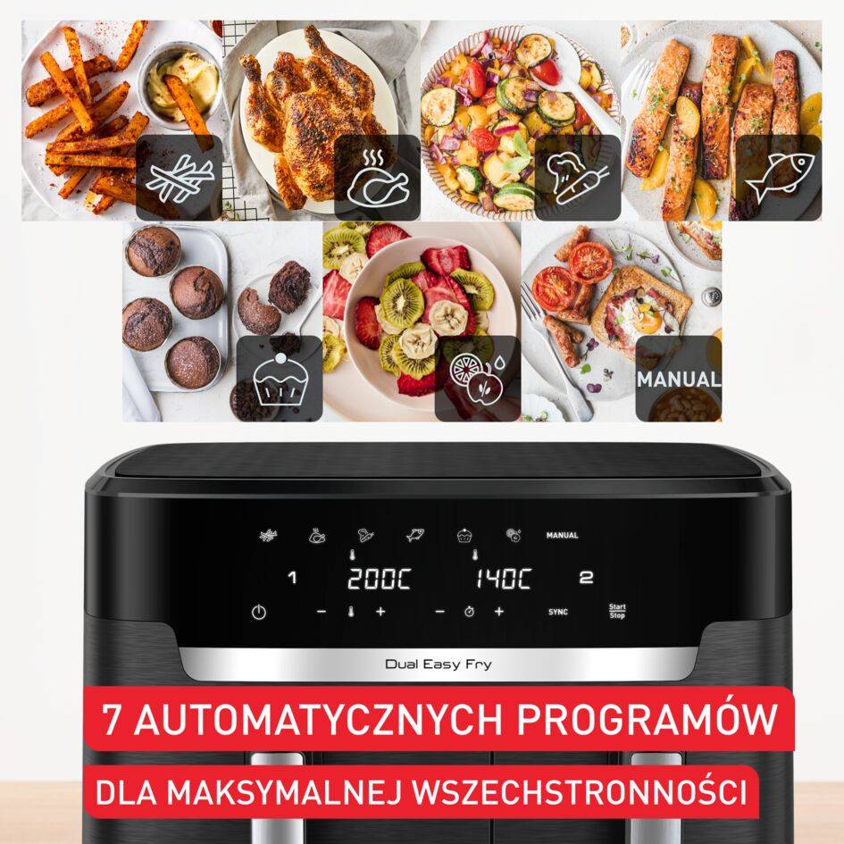 Frytkownica beztłuszczowa, Tefal Dual Easy EY9428E, dwukomorowa, duża, 11l