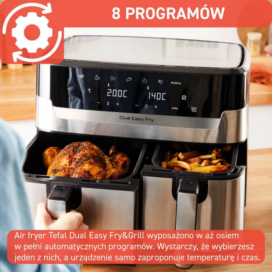 Frytkownica beztłuszczowa, Tefal Dual Easy Fry&Grill EY905D, dwukomorowa, duża, grill