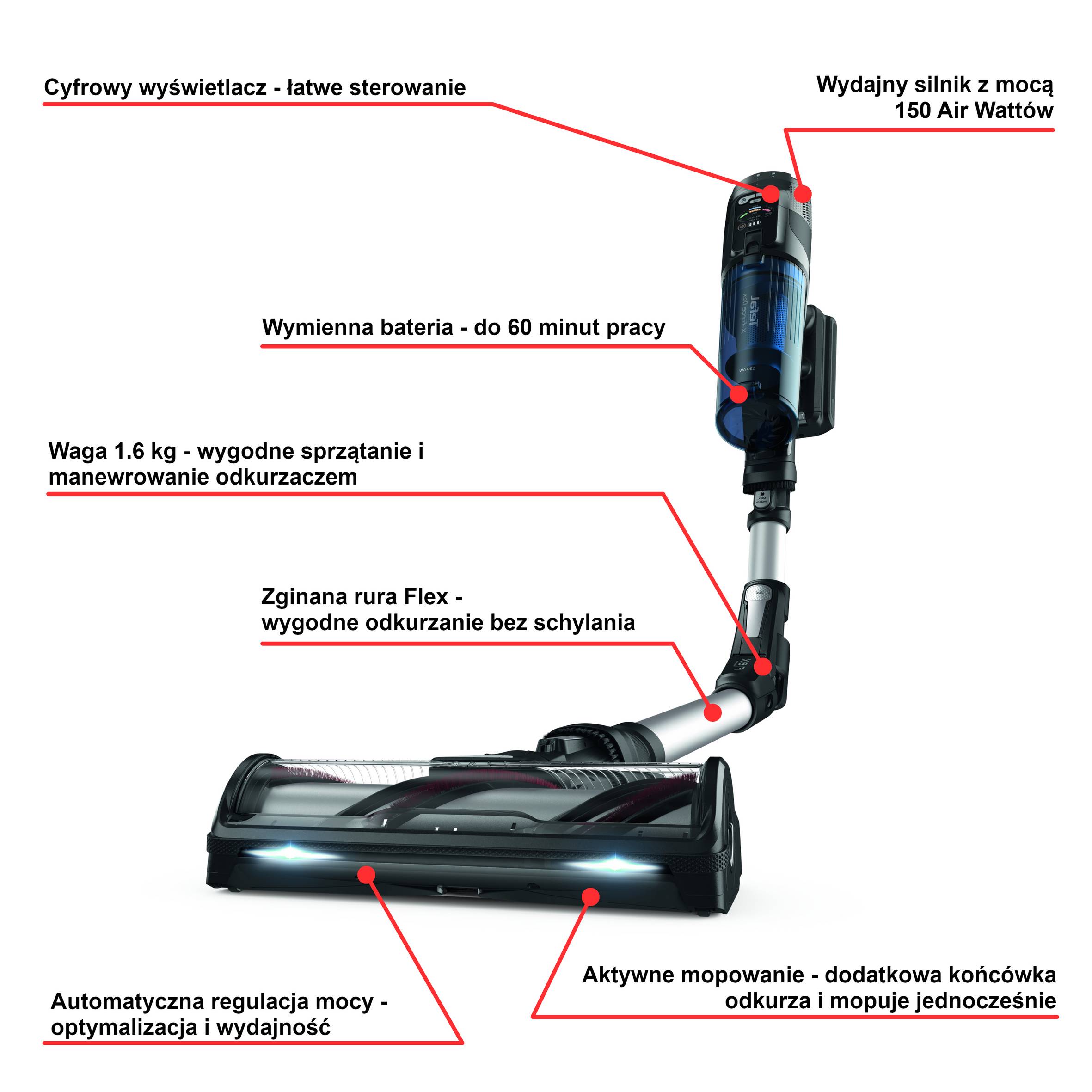 Odkurzacz bezprzewodowy, Tefal X-Force Flex 13.60, 150 AW, 60 min, aktywne mopowanie