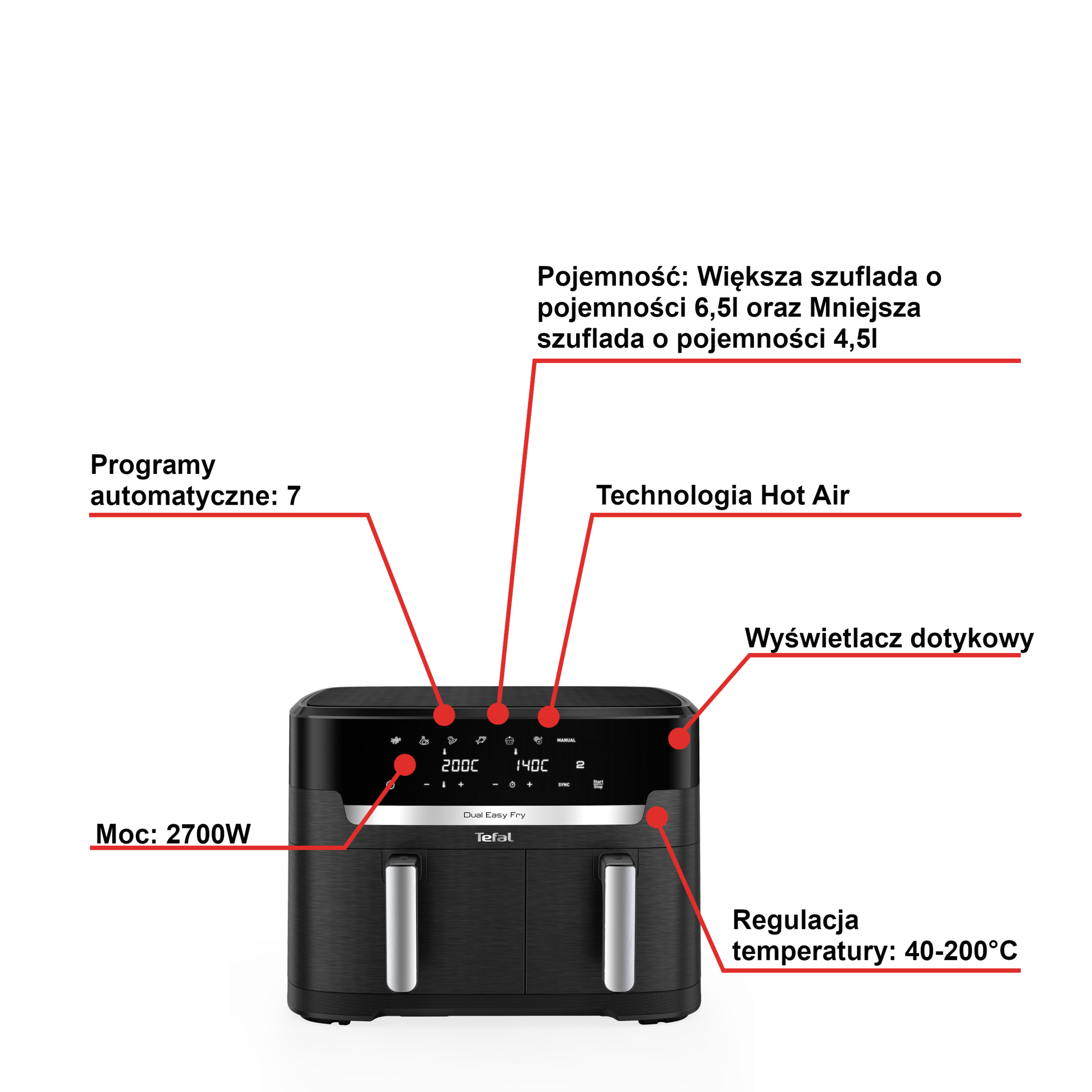 Frytkownica beztłuszczowa, Tefal Dual Easy EY9428E, dwukomorowa, duża, 11l