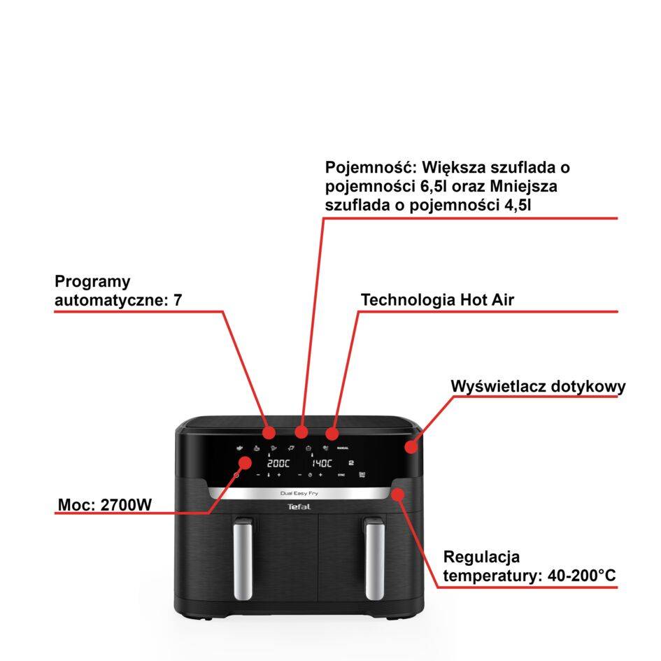 Frytkownica beztłuszczowa, Tefal Dual Easy EY9428E, dwukomorowa, duża, 11l