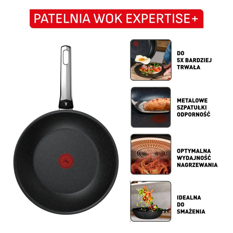 Patelnia Wok Expertise+ 28 cm, wysokowydajna powłoka nieprzywierająca, kompatybilna z indukcją, dla 4-5 osób