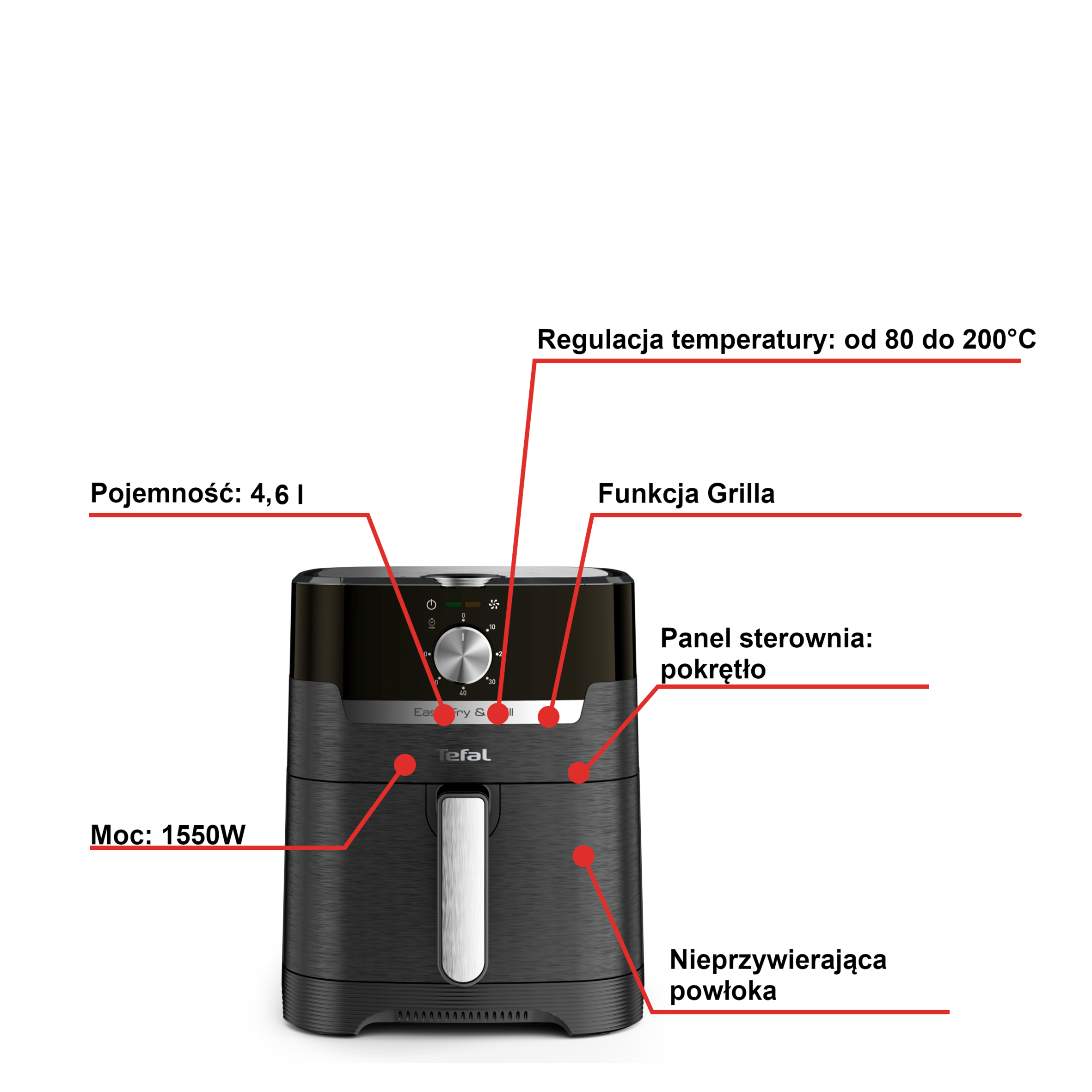 Frytkownica beztłuszczowa, Tefal Easy Fry&Grill EY5018, pojemność 4,6 l, funkcja grilla