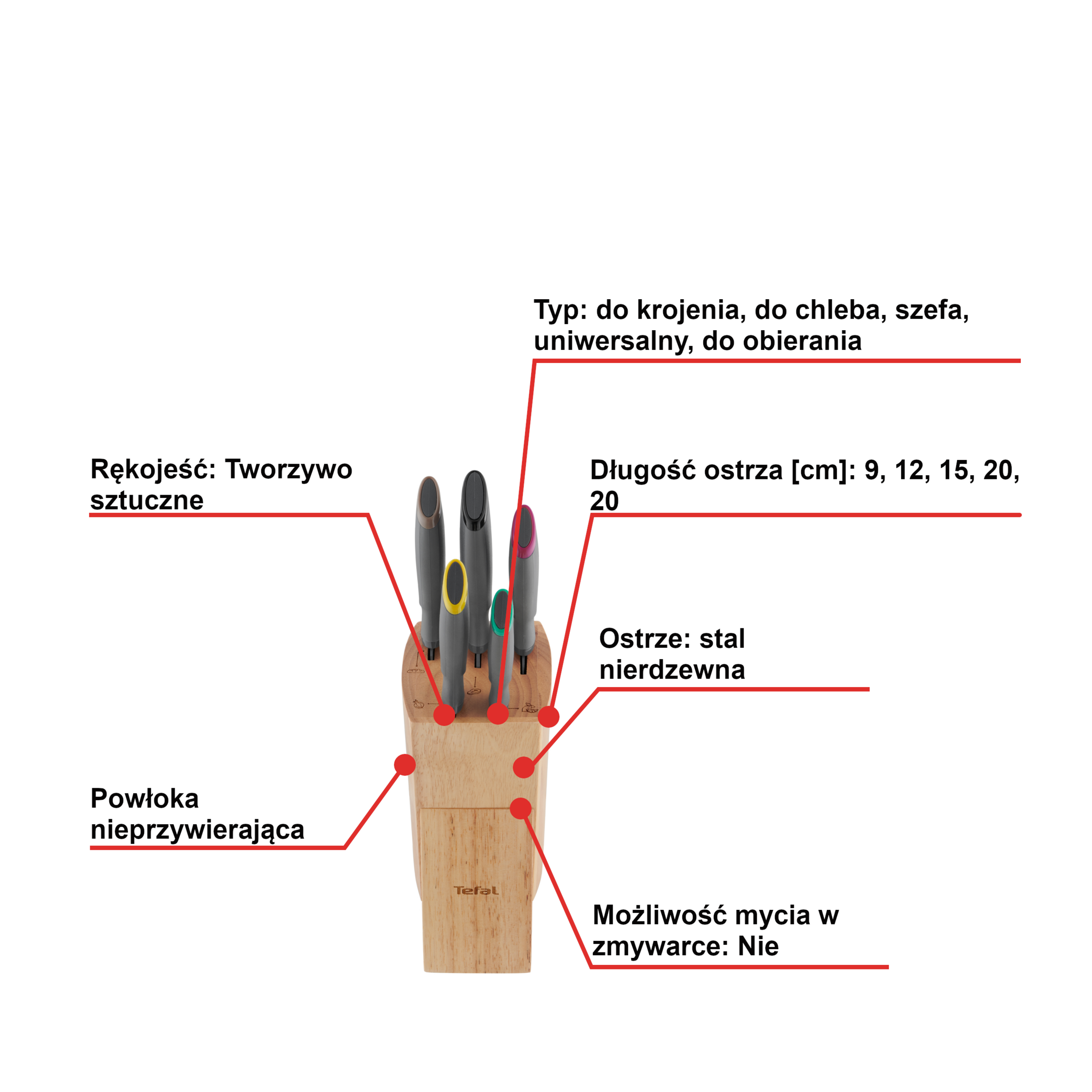 Zestaw 5 noży ze stali nierdzewnej TEFAL FRESH KITCHEN + drewniany blok