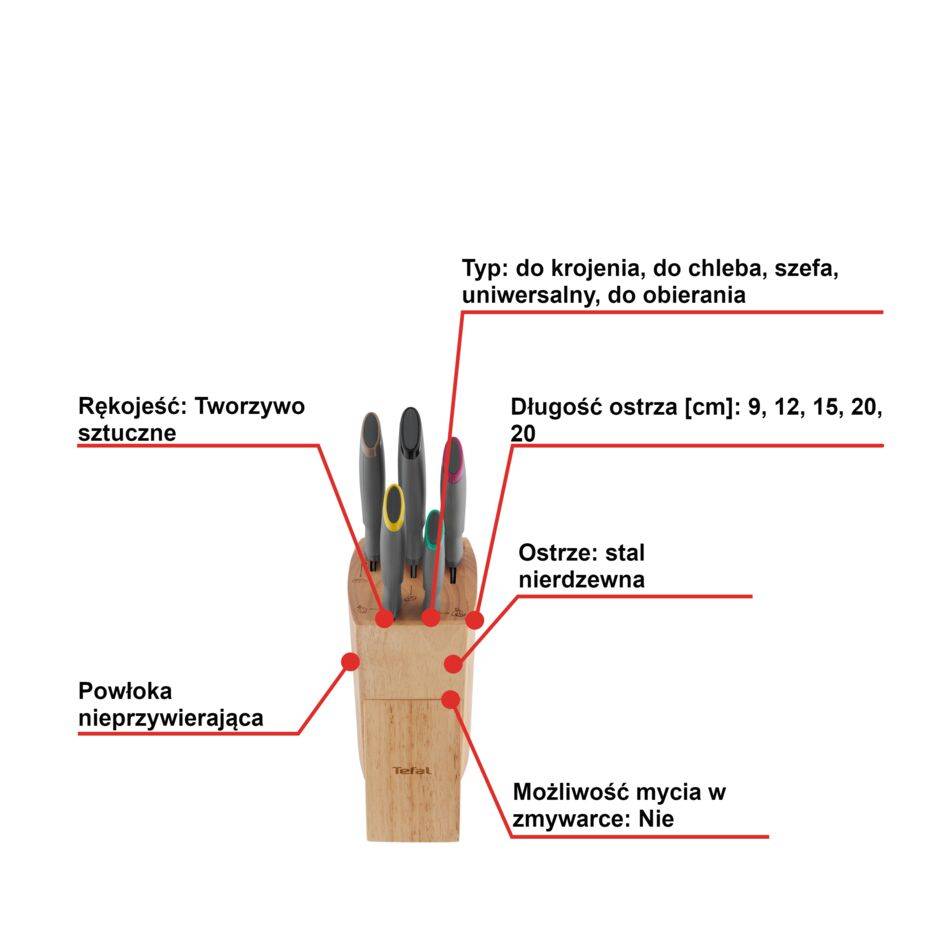 Zestaw 5 noży ze stali nierdzewnej TEFAL FRESH KITCHEN + drewniany blok