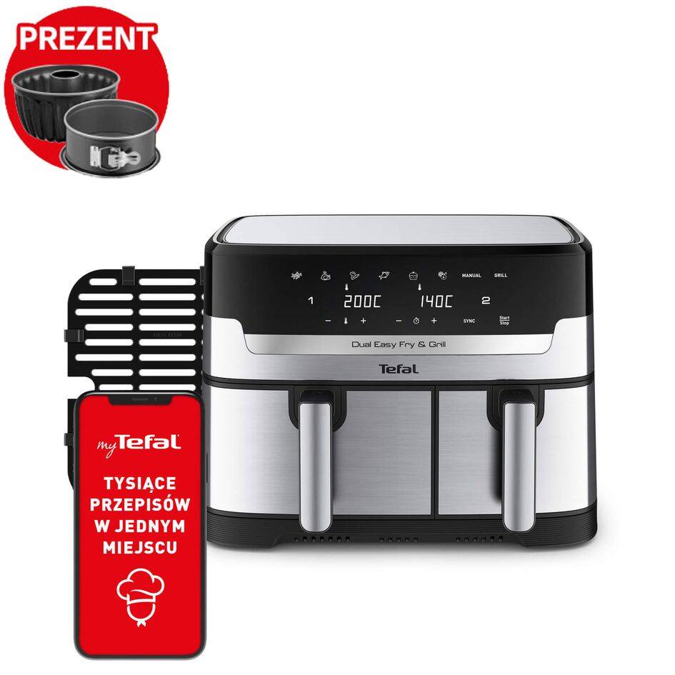 Frytkownica beztłuszczowa, Tefal Dual Easy Fry&Grill EY905D, dwukomorowa, duża, grill