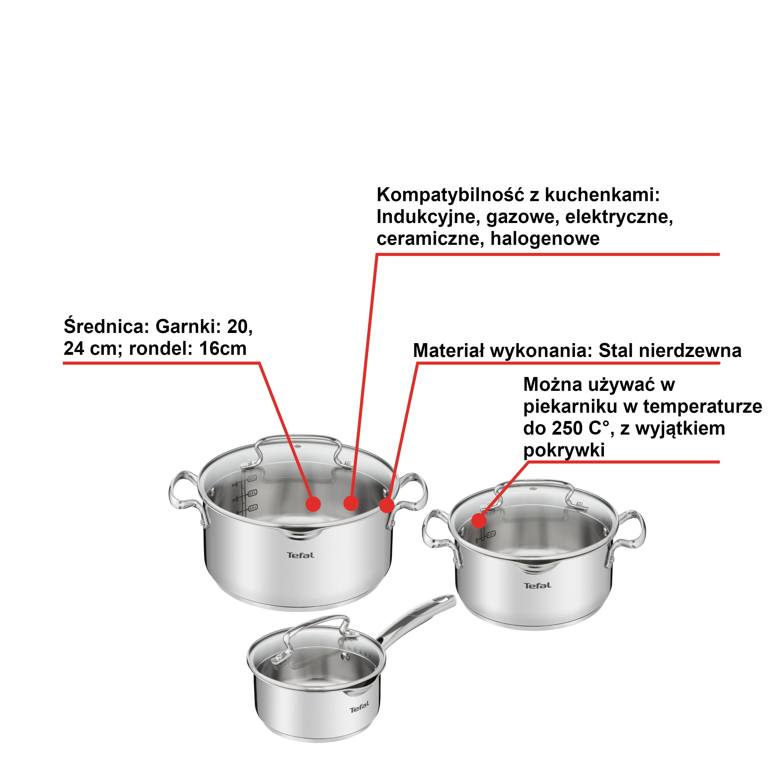 Zestaw garnków, Tefal Duetto+, 6 elementów, stal nierdzewna, pokrywki