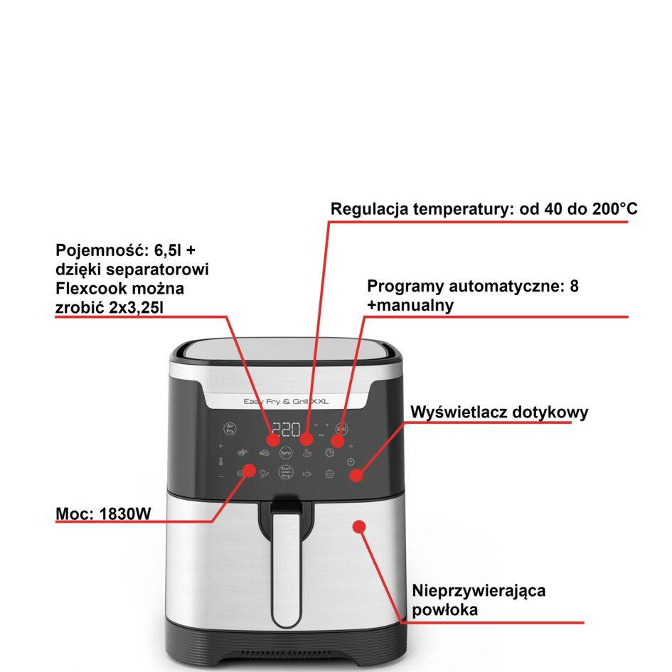 Frytkownica beztłuszczowa, Tefal Easy Fry&Grill XXL EY801D, pojemność 6,5 l, funkcja grilla