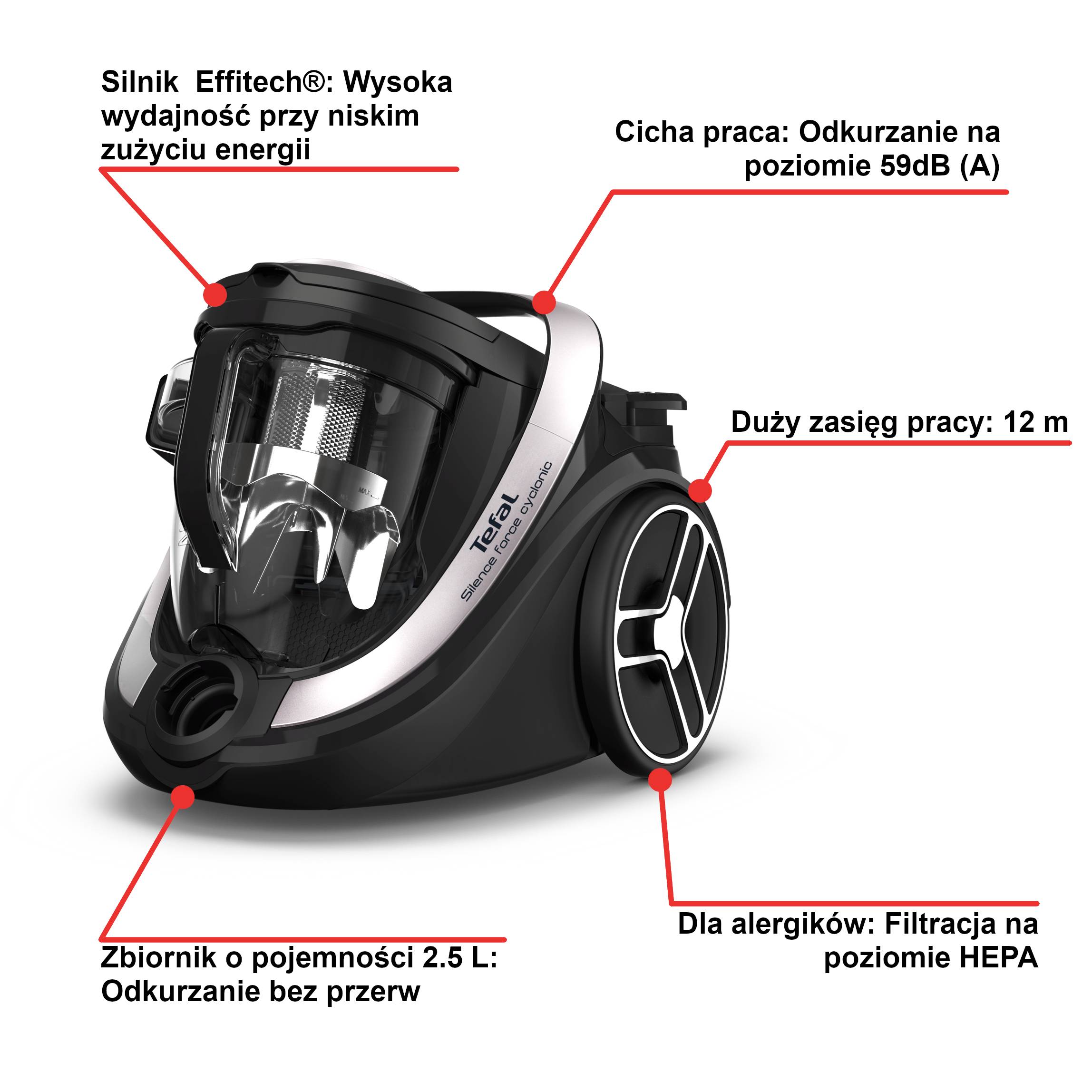 Tefal Silence Force Cyclonic Effitech, odkurzacz bezworkowy, 500 W, cichy, 2,5 l
