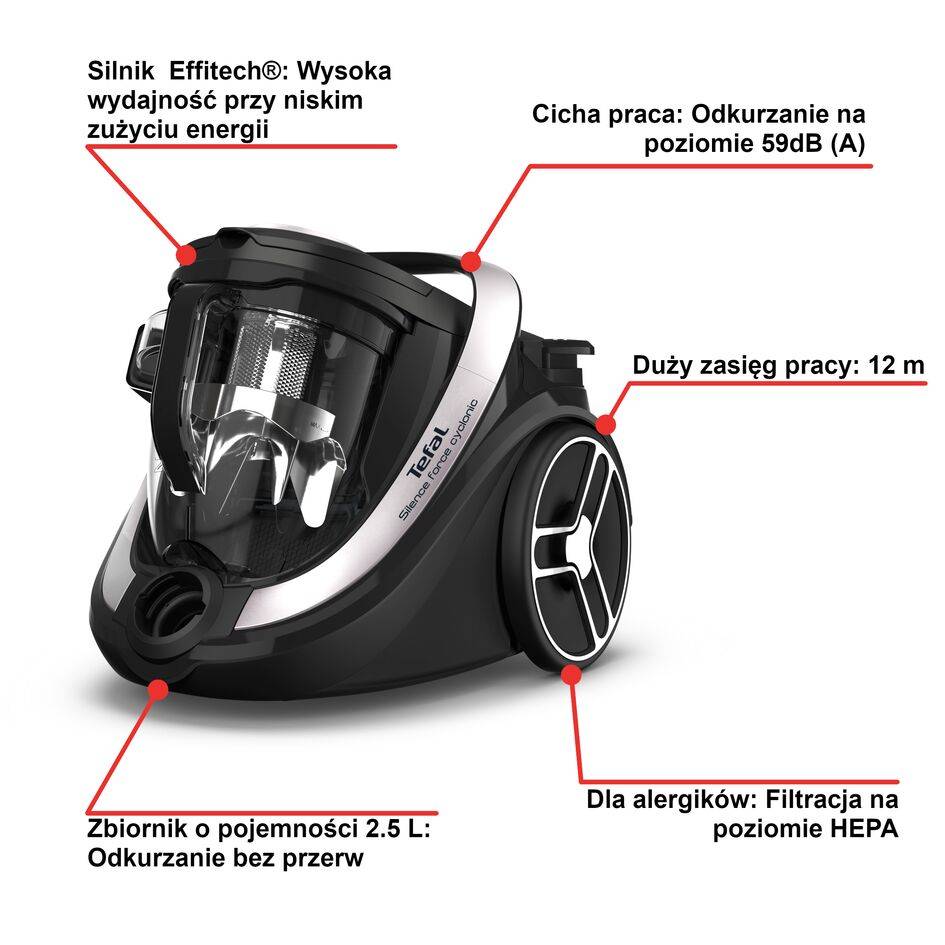 Tefal Silence Force Cyclonic Effitech, odkurzacz bezworkowy, 500 W, cichy, 2,5 l