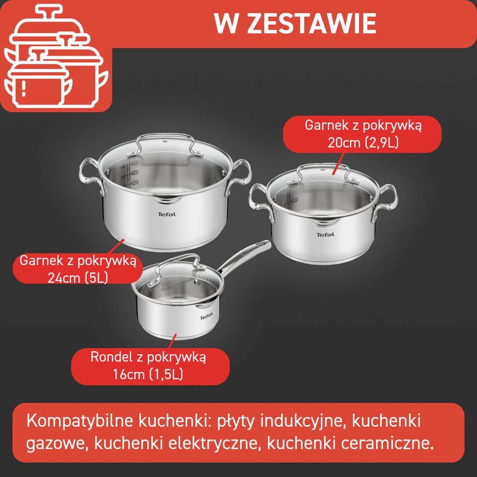 Zestaw garnków, Tefal Duetto+, 6 elementów, stal nierdzewna, pokrywki