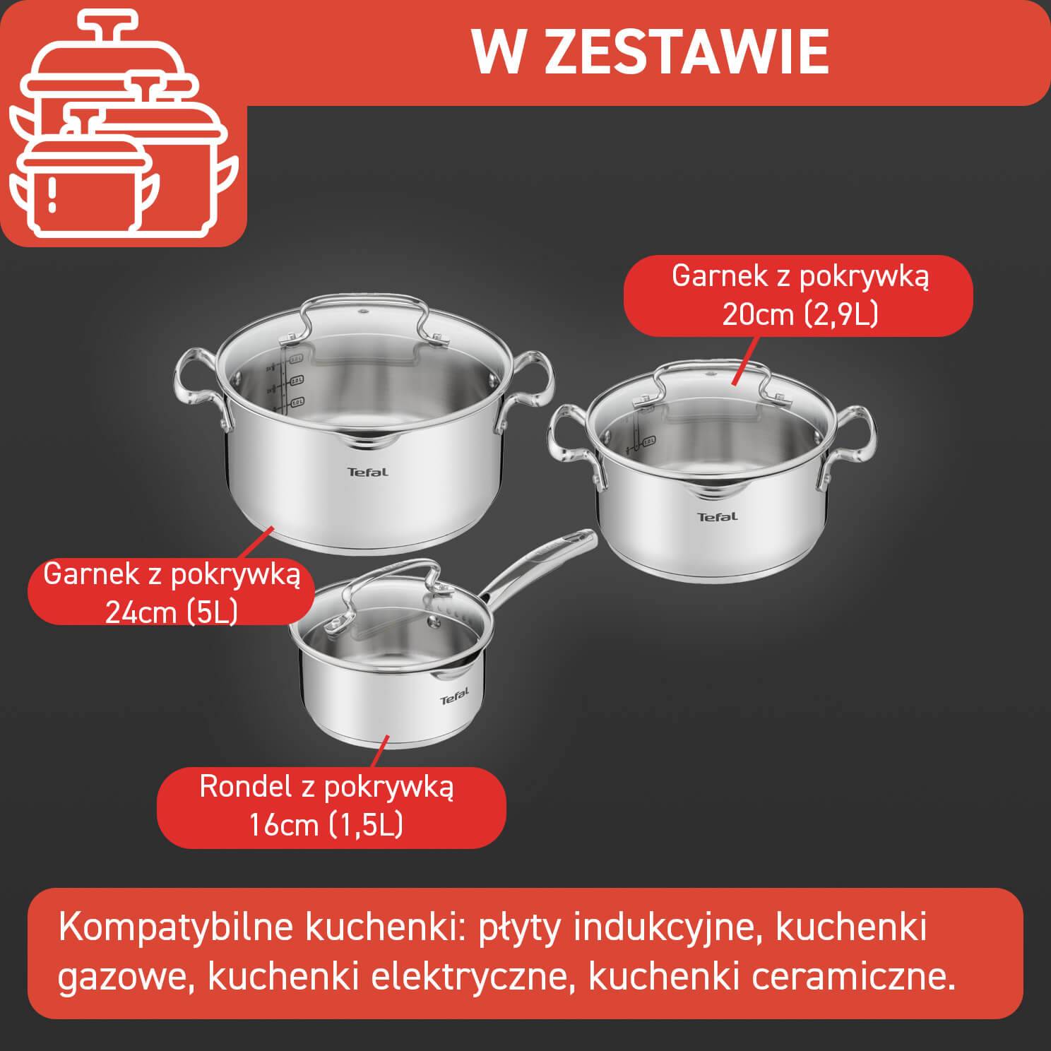 Zestaw garnków, Tefal Duetto+, 6 elementów, stal nierdzewna, pokrywki