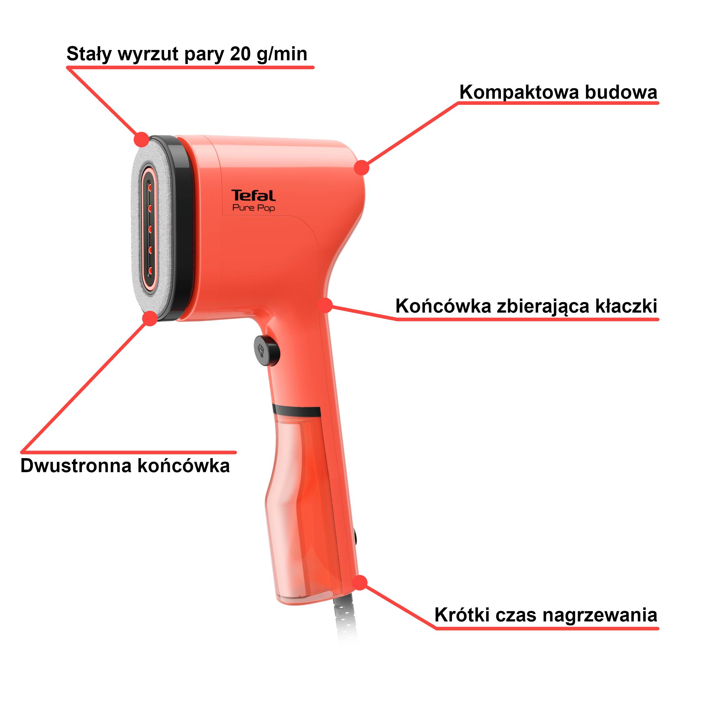 Parownica do ubrań, Tefal Pure Pop, kompaktowa, 1300 W, pomarańczowa